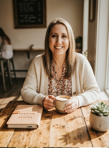 A woman sitting at a wooden table in a cafe, holding a coffee mug, smiling, with a notebook and a small potted plant on the table.