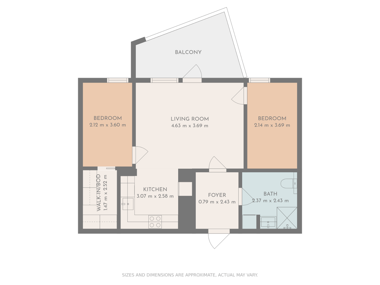Floor plan of a two-bedroom apartment with a living room, kitchen, walk-in closet, bathroom, foyer, and balcony.