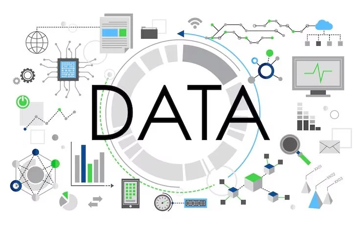Graphic depicting data analysis with charts, graphs, network nodes, a magnifying glass, a computer monitor, and other technological icons around the word 'DATA' in the center.