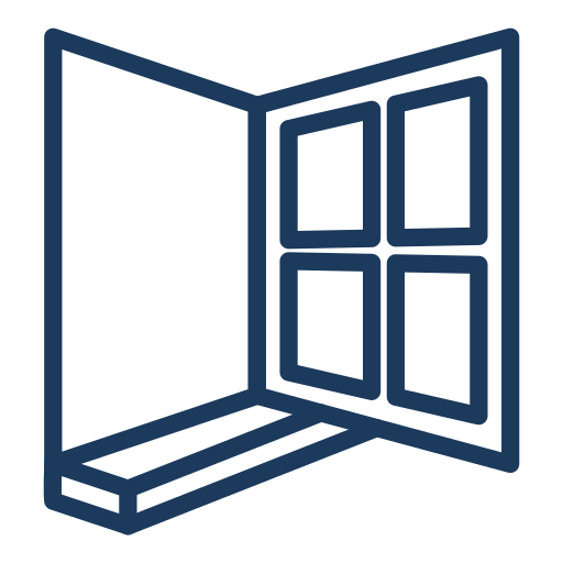 Outline of a window with four panes, slightly open, with a windowsill.