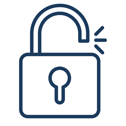 Icon of an unlocked padlock with lines indicating it is open, in dark blue.