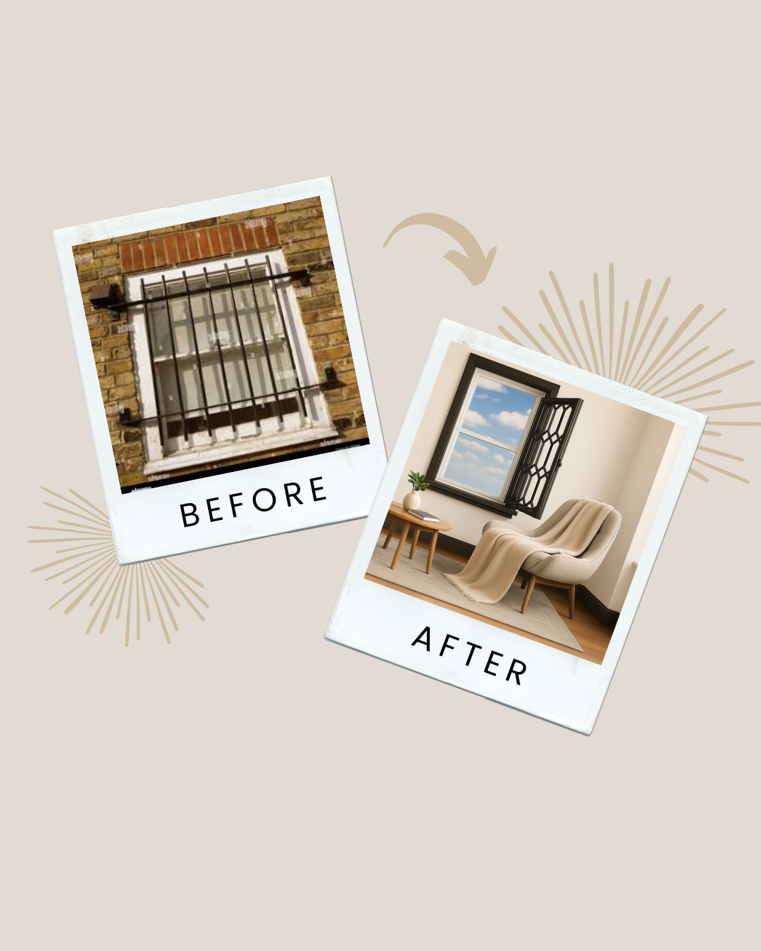 Comparison of a barred window before and after renovation, showing an open, modern window with a view of blue sky and clouds in a bright room.