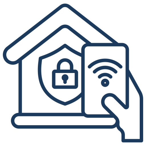 Line drawing of a house with a security shield and a lock, and a hand holding a smartphone with a Wi-Fi signal, indicating smart home security.