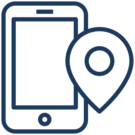 Outline icon of a smartphone with a location pin.