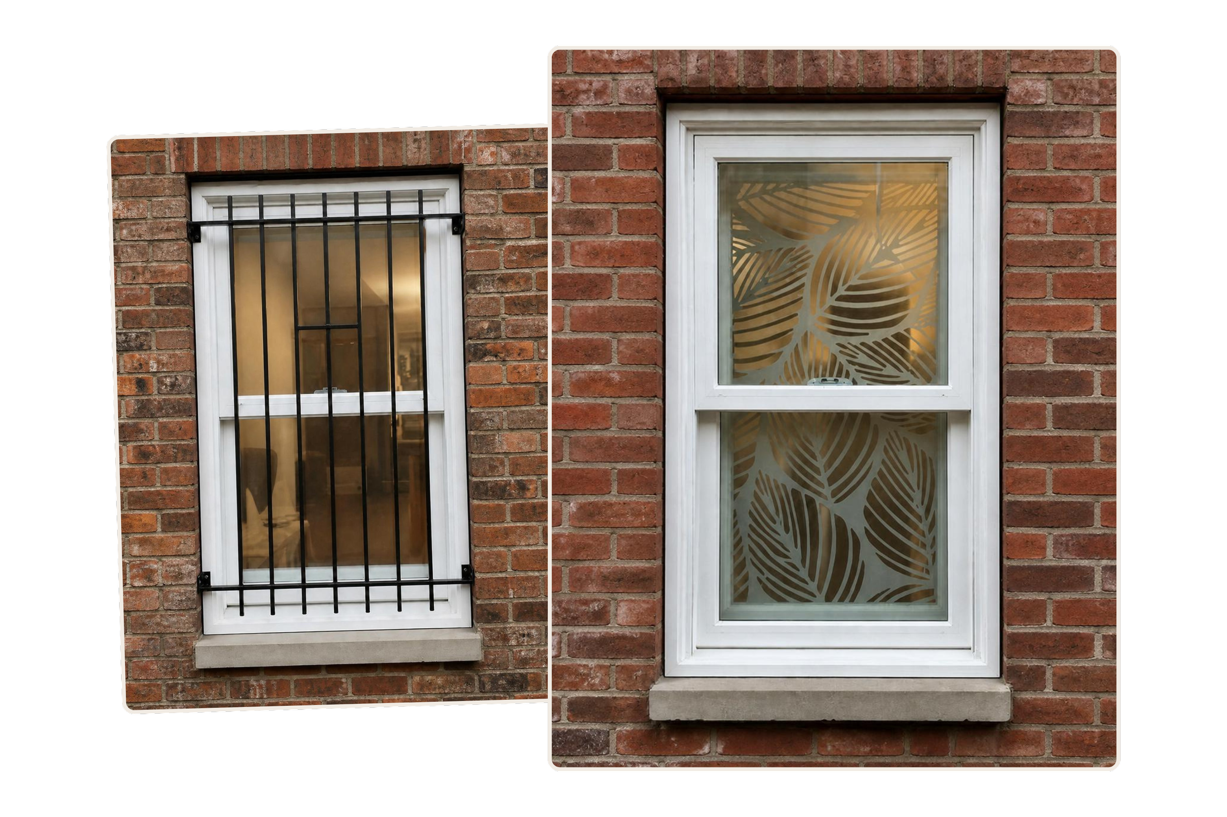 Side-by-side comparison of a window with traditional external security bars and a window with the barReleeze™ smart security system installed