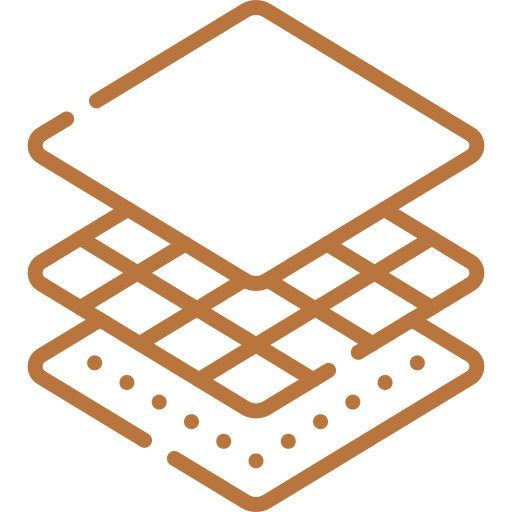 Isometric line drawing of a layered device with a top component, middle grid, and bottom base, all in brown color.