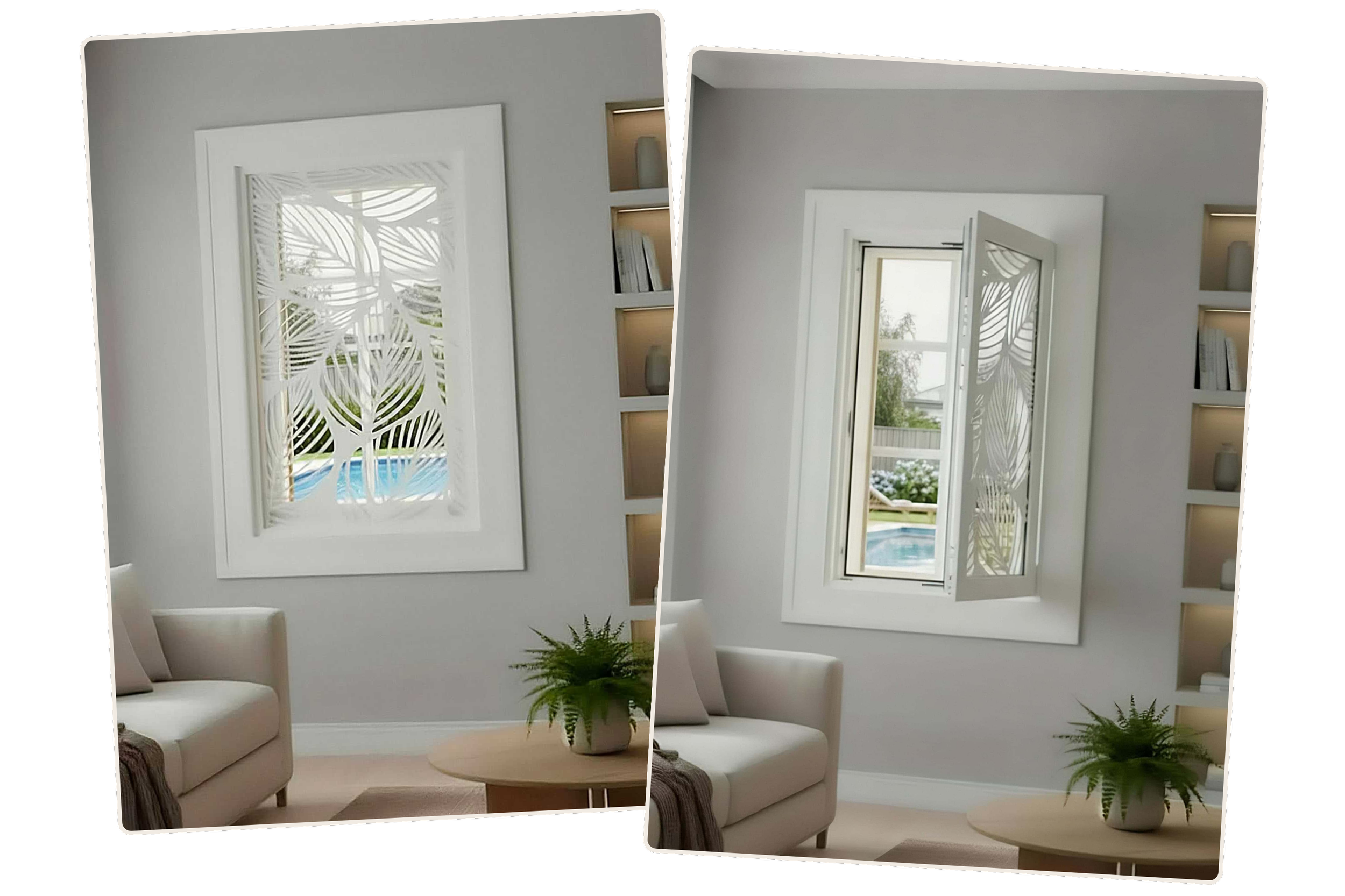 barReleeze™ smart window security system installed in a living room window, shown closed for security and open in emergency release position