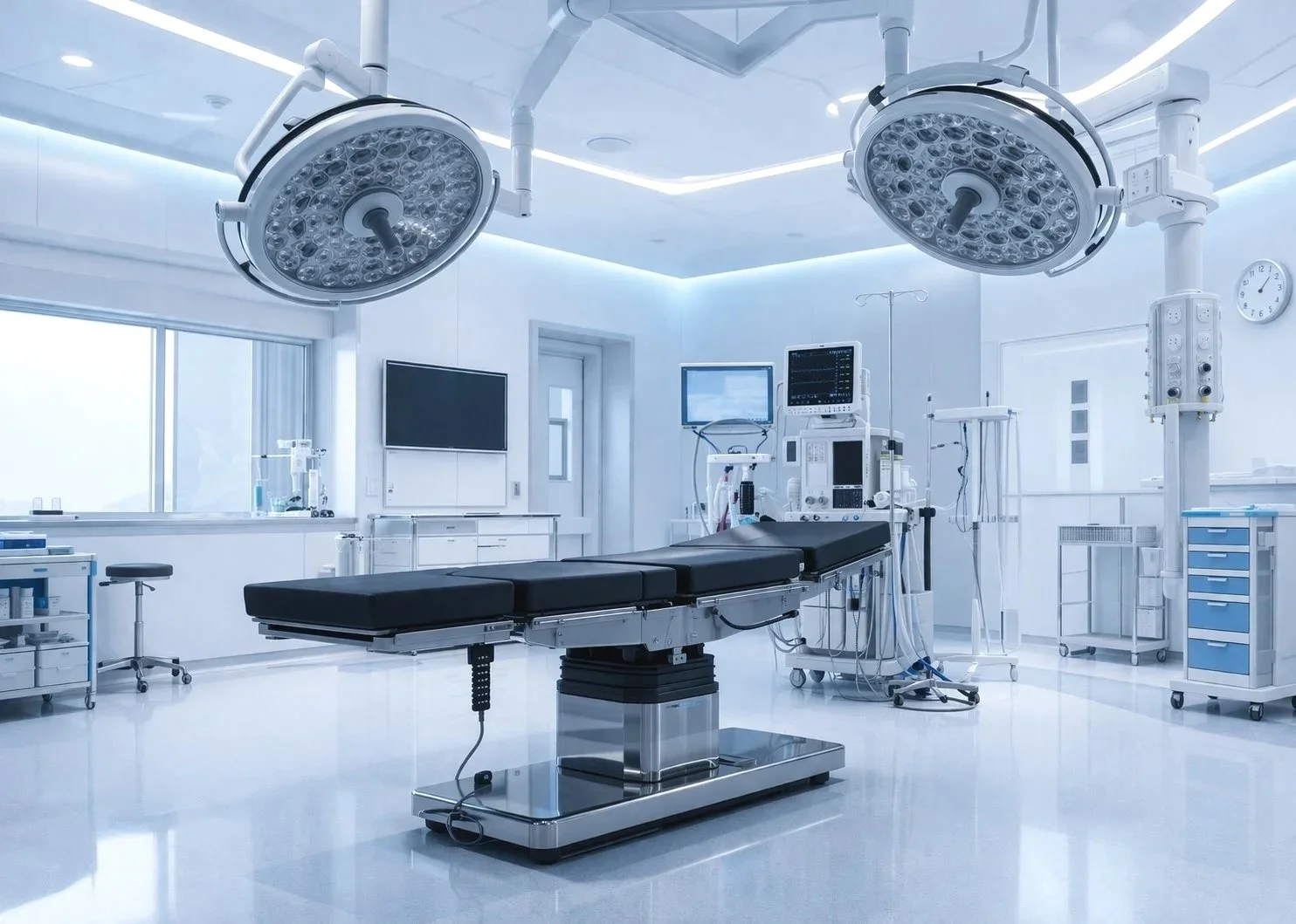 Empty modern hospital operating room with surgical table, overhead lights, and medical equipment.