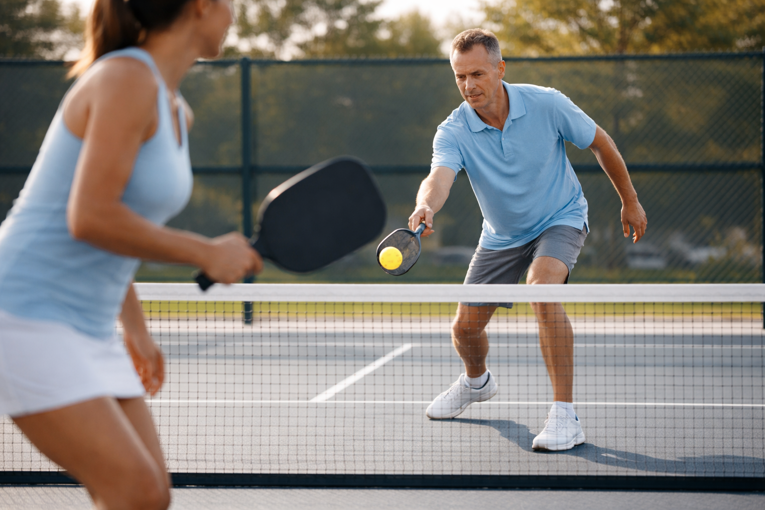 A man and woman playing pickleball on an outdoor court. The man is reaching to hit a yellow ball with a paddle while the woman prepares to return the shot.