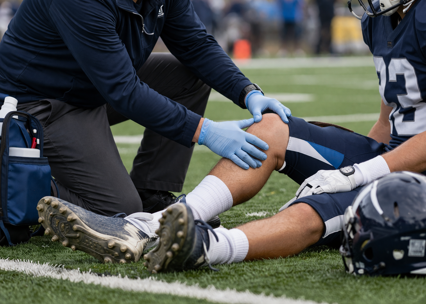 Medical personnel attending to a football player injured on the field, with the player lying down and holding his knee.