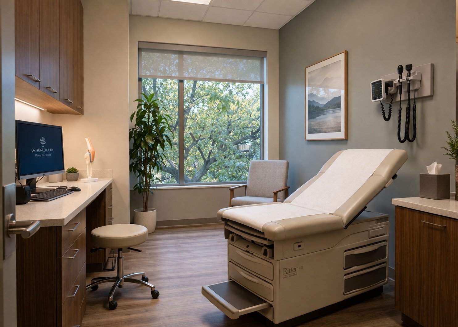 A clean medical examination room with a patient bed, a large window showing trees outside, a computer on a desk, a computer chair, a potted plant, wall art, and medical equipment on the wall.