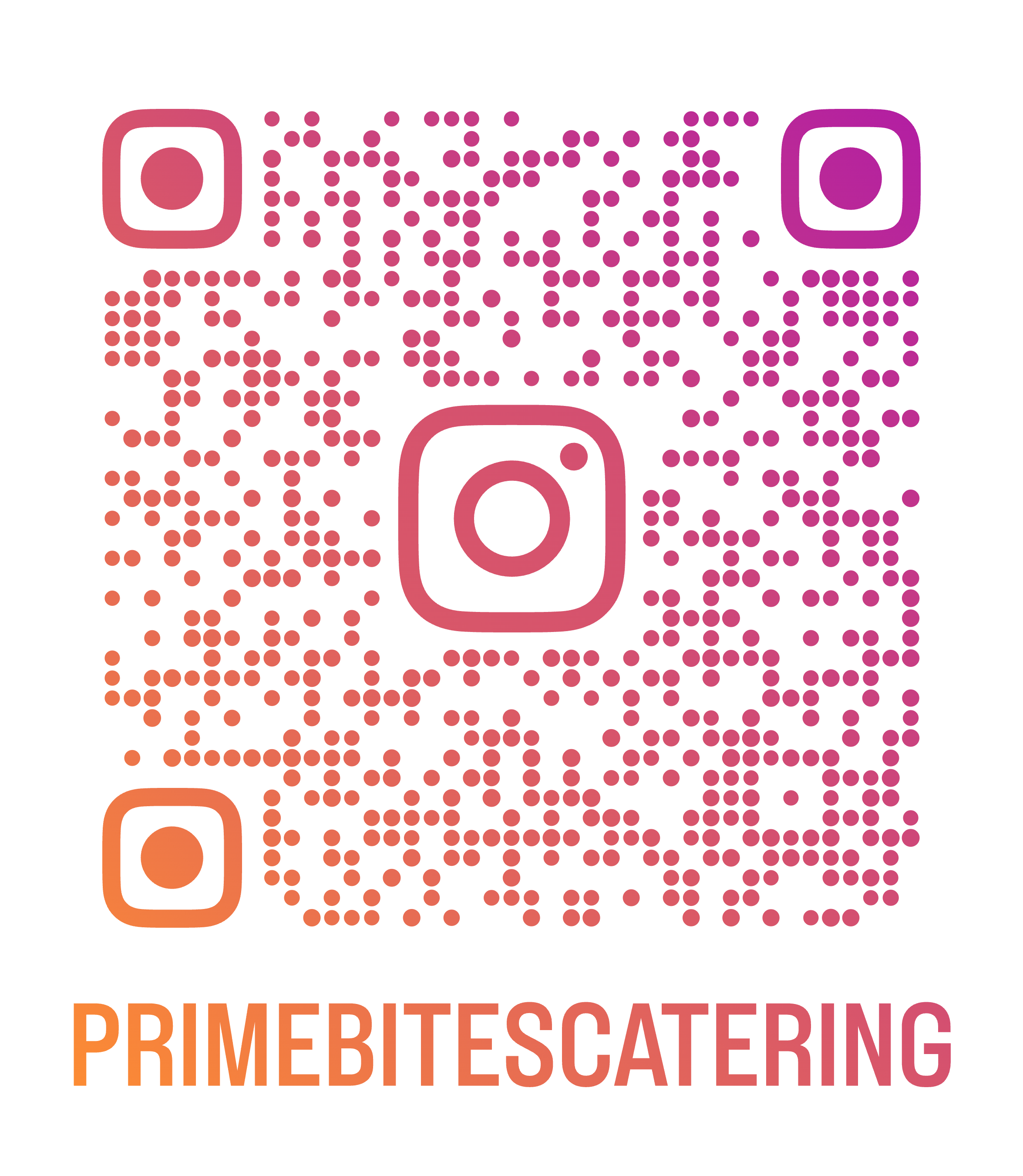 Colorful Instagram QR code with the text 'PRIMEBITESCATERING' at the bottom.