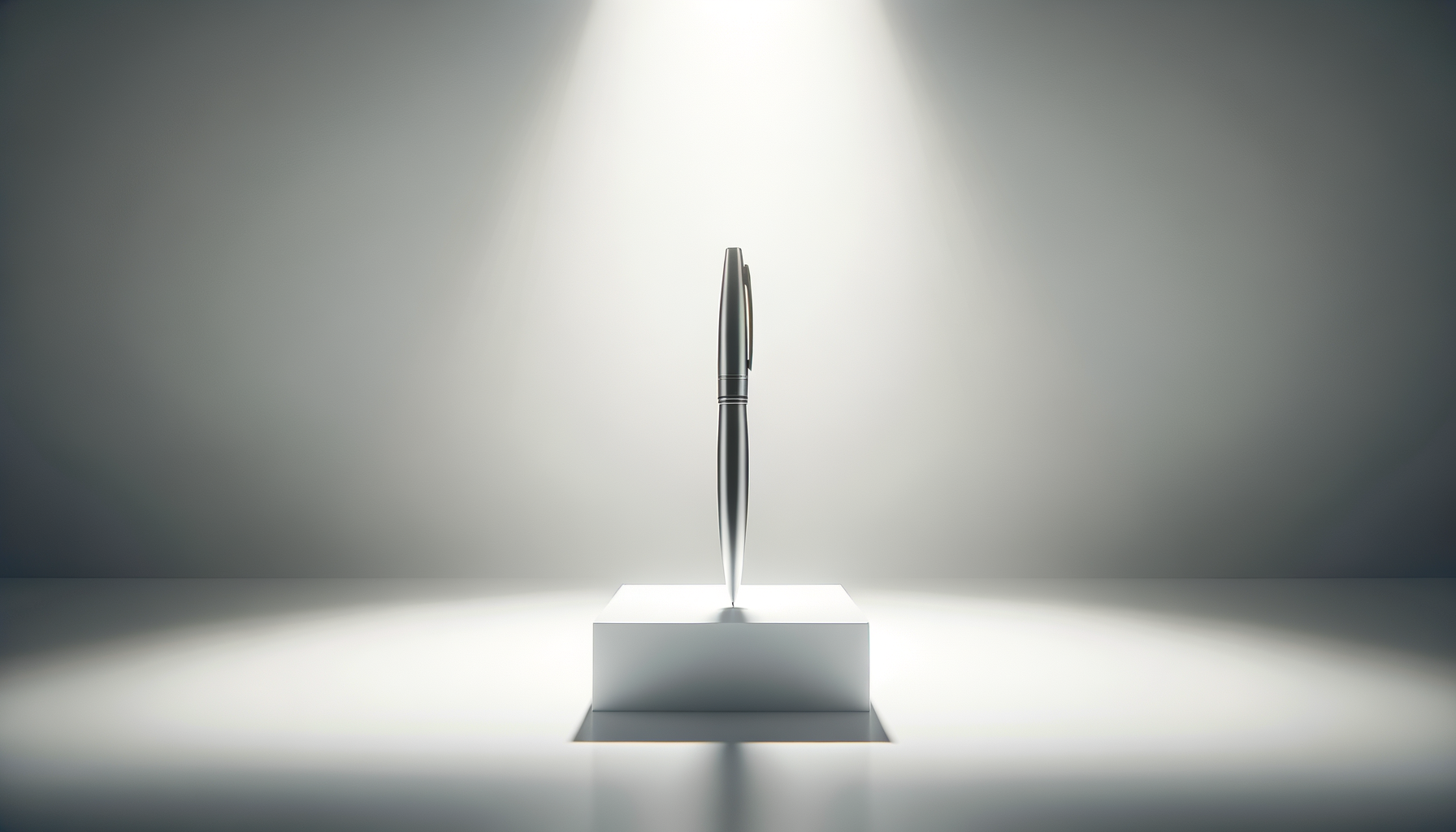A silver pen standing upright on a small white platform, illuminated by a spotlight from above in a minimalist setting.