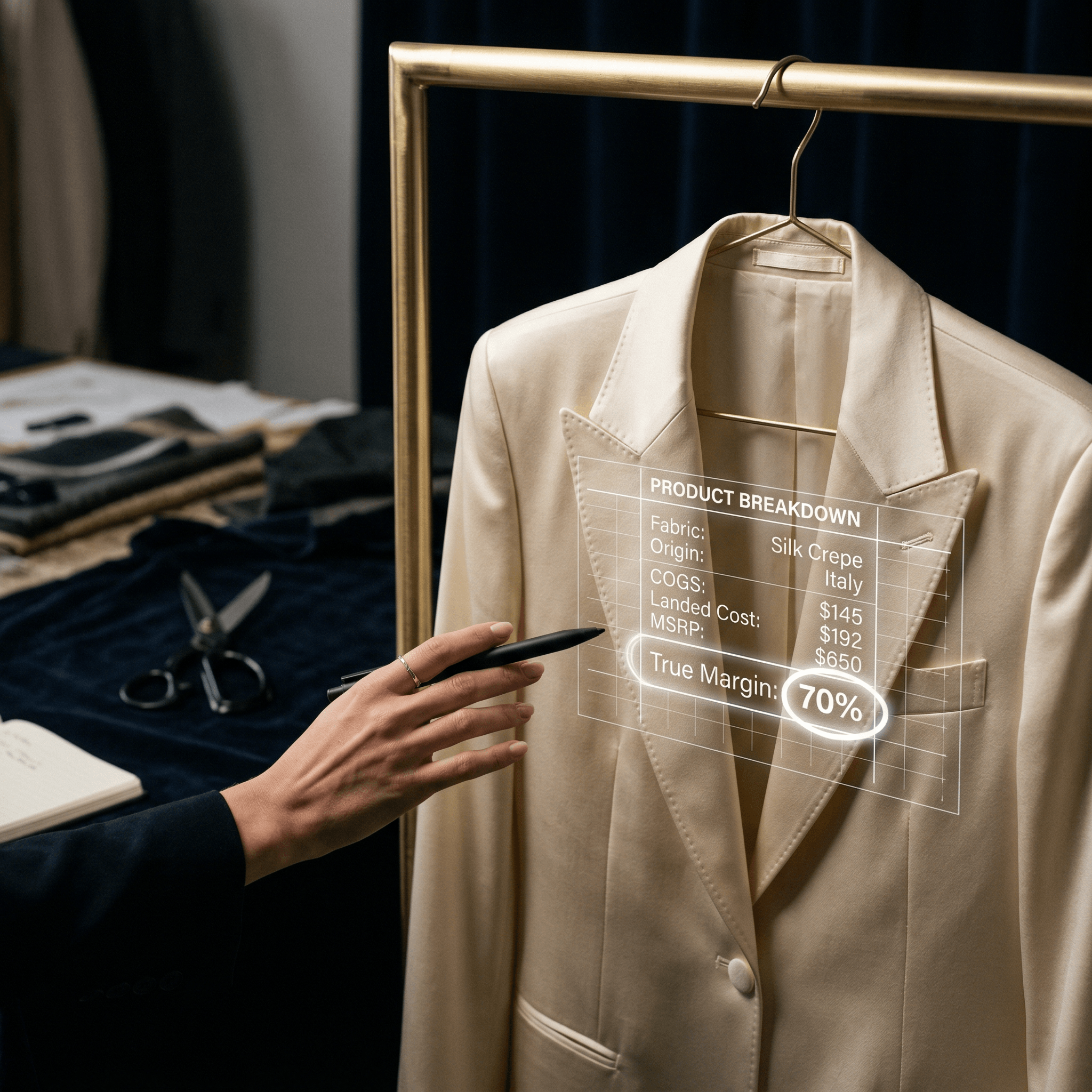 A close-up of a tailored silk jacket with a technical overlay visualizing COGS, MSRP, and true margin analysis for a fashion brand.