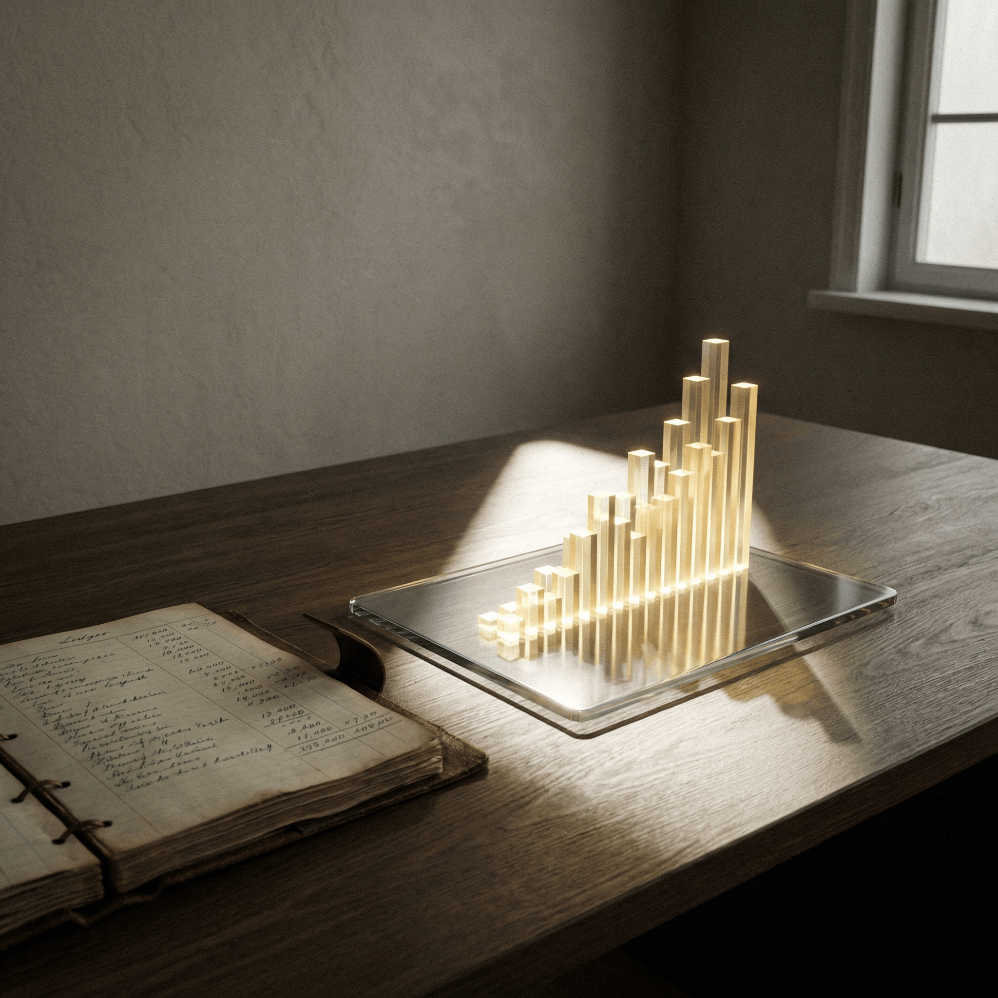 A vintage ledger transitioning into a holographic 3D financial growth chart on a glass tablet, symbolizing Zen Money’s data-to-storytelling philosophy.