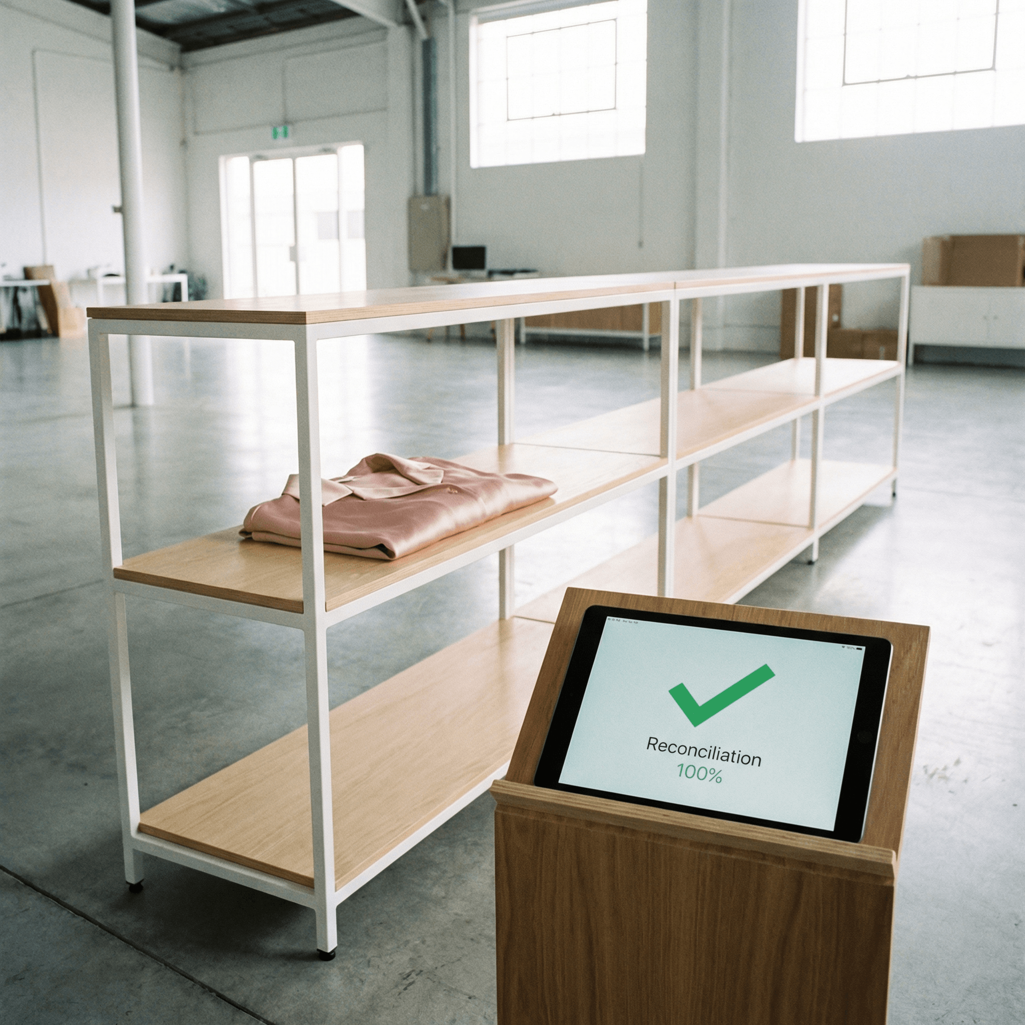 Digital inventory reconciliation of a silk garment on a minimalist shelf, representing Zen Money’s physical-to-system inventory auditing.