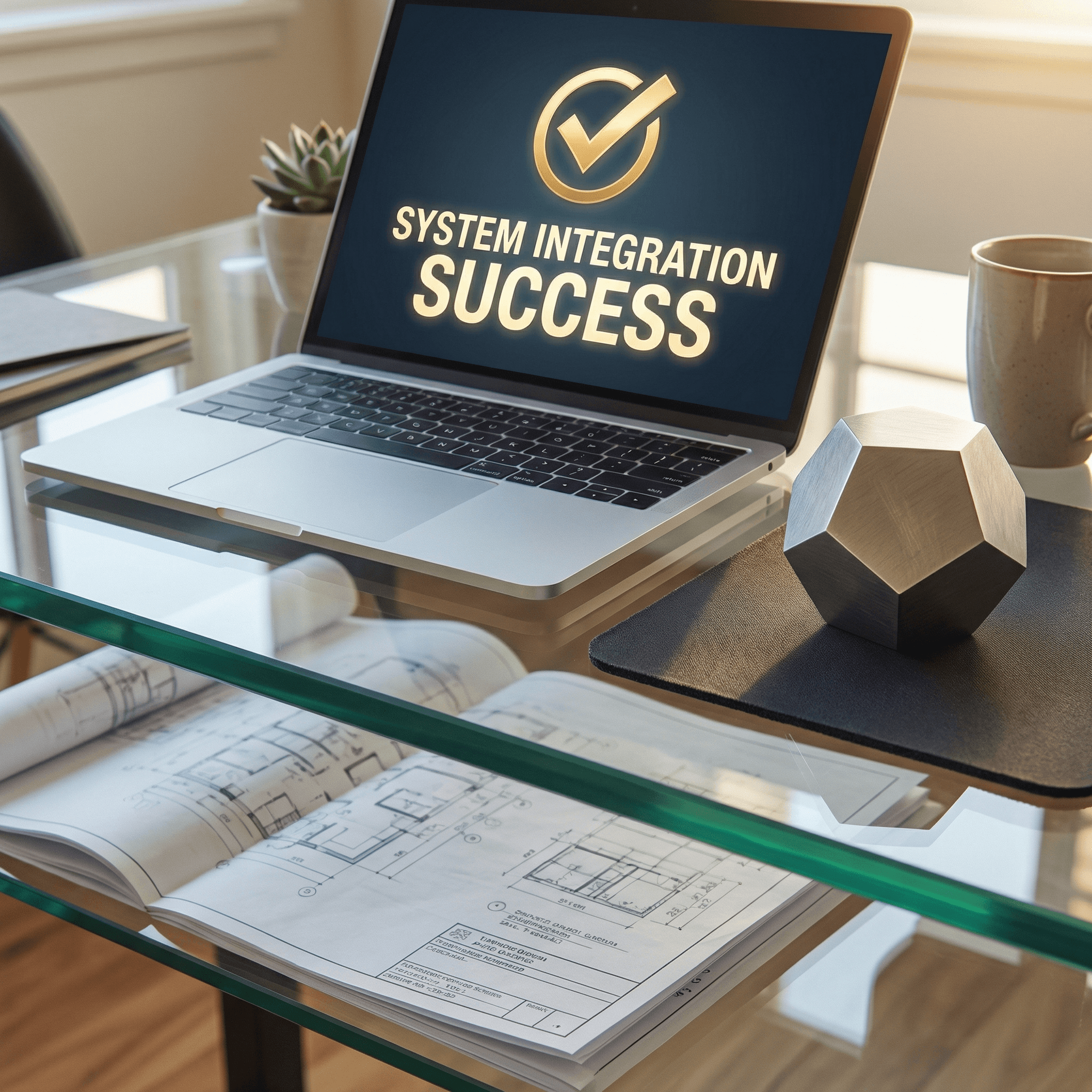 A close-up of a laptop showing cloud accounting software integration on a glass desk with architectural blueprints underneath, representing the implementation of Buildertrend and financial tech stacks.