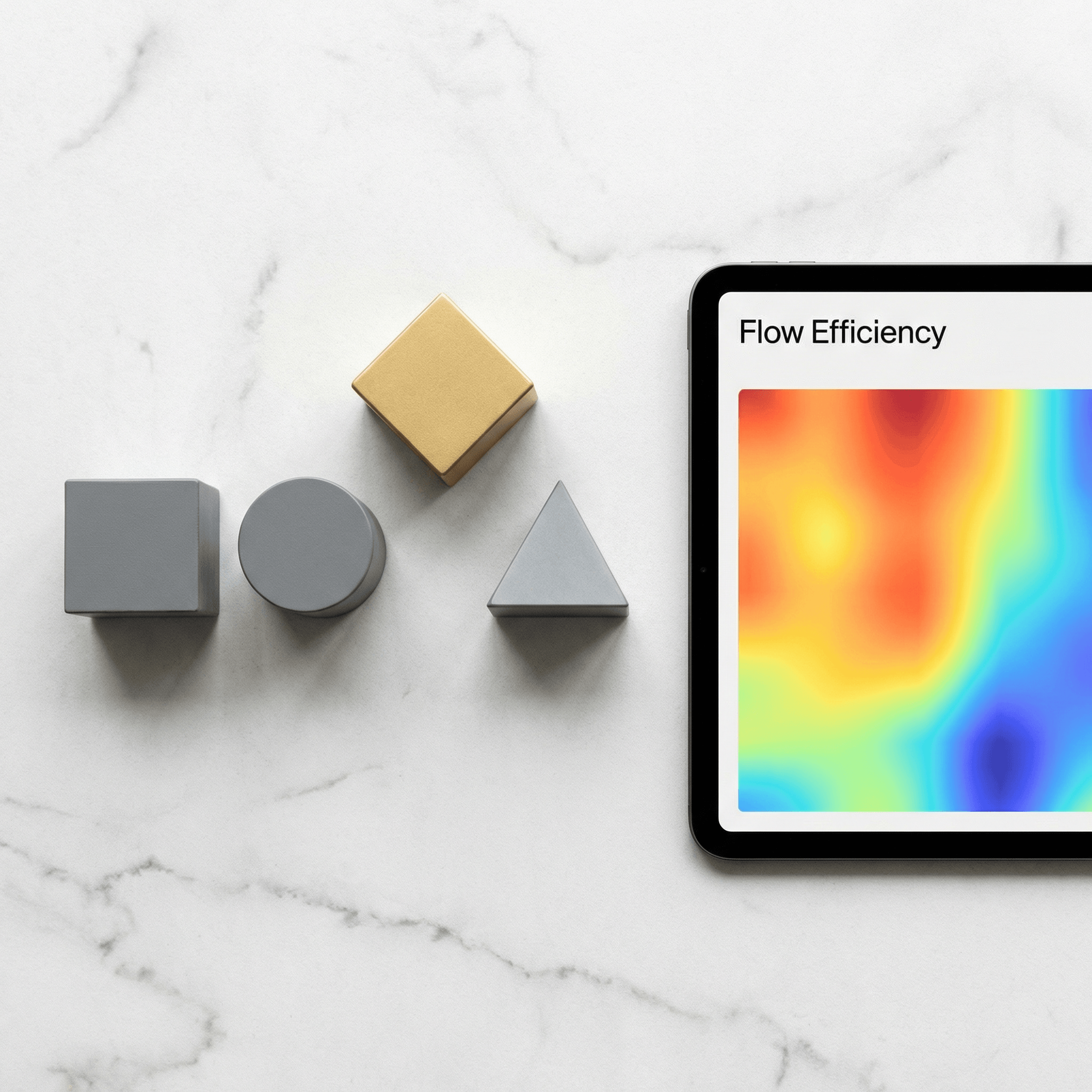 Geometric blocks and a digital heat map representing Zen Money's operational process auditing and bottleneck identification.