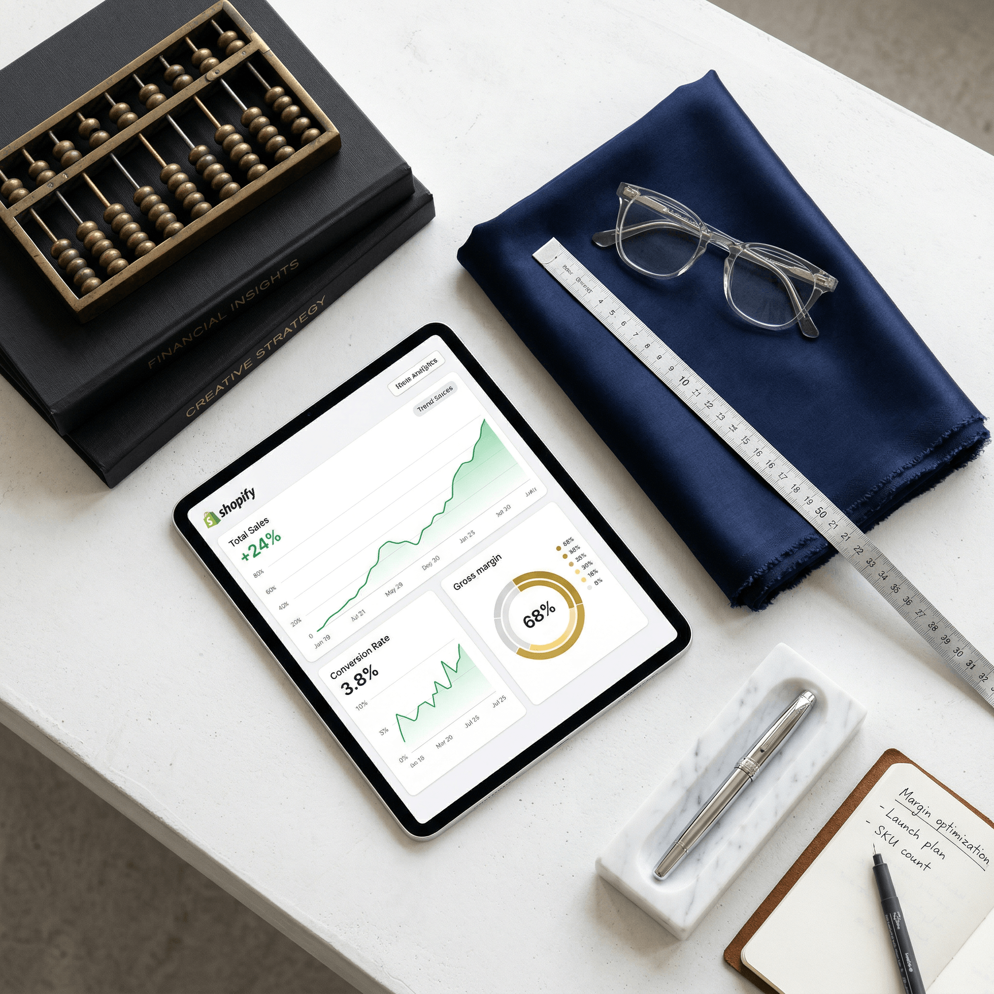 A detailed flat-lay in an NYC studio showing a Shopify dashboard next to luxury silk fabric and an abacus, visualizing financial precision for fashion brands.