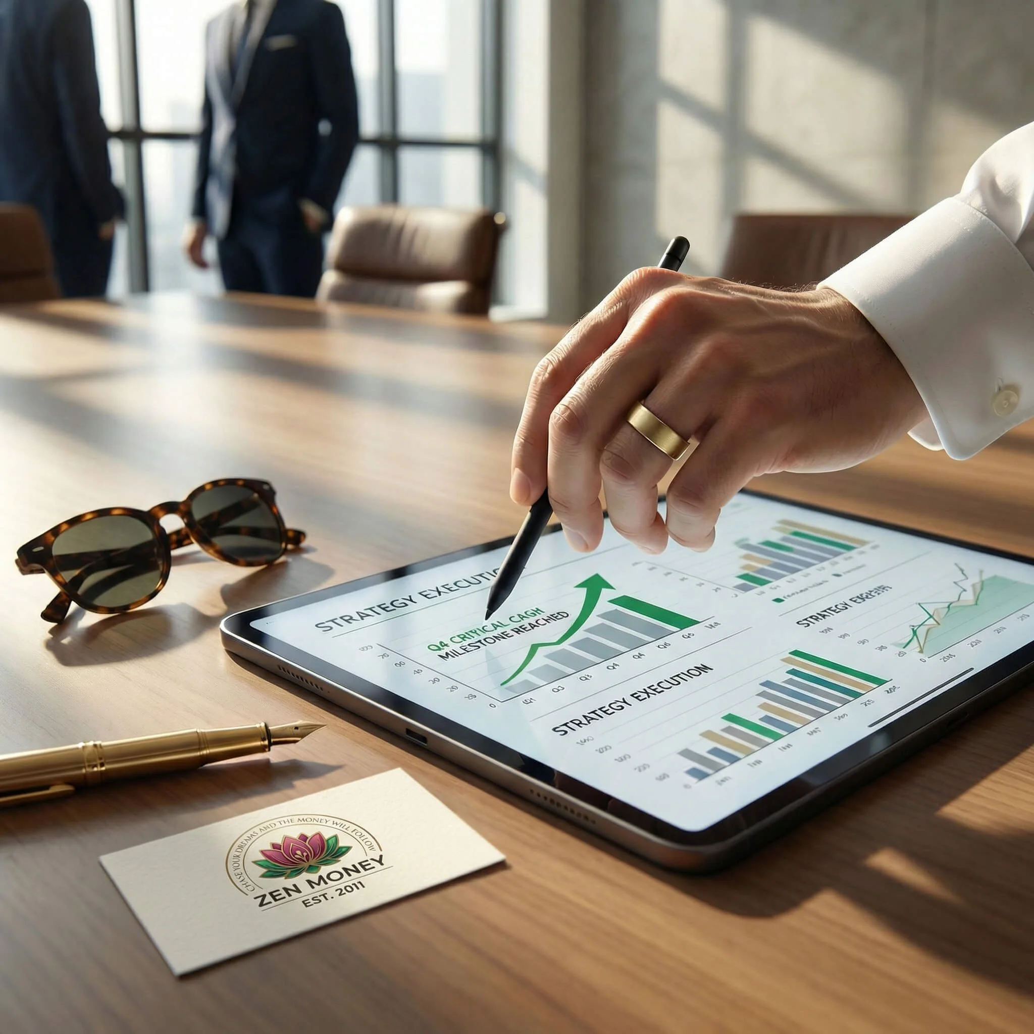 An expansive, sunlit NYC studio showing a dynamic cash flow blueprint on a transparent tablet next to strategy binders and an abacus, visualizing financial oversight for real estate development.