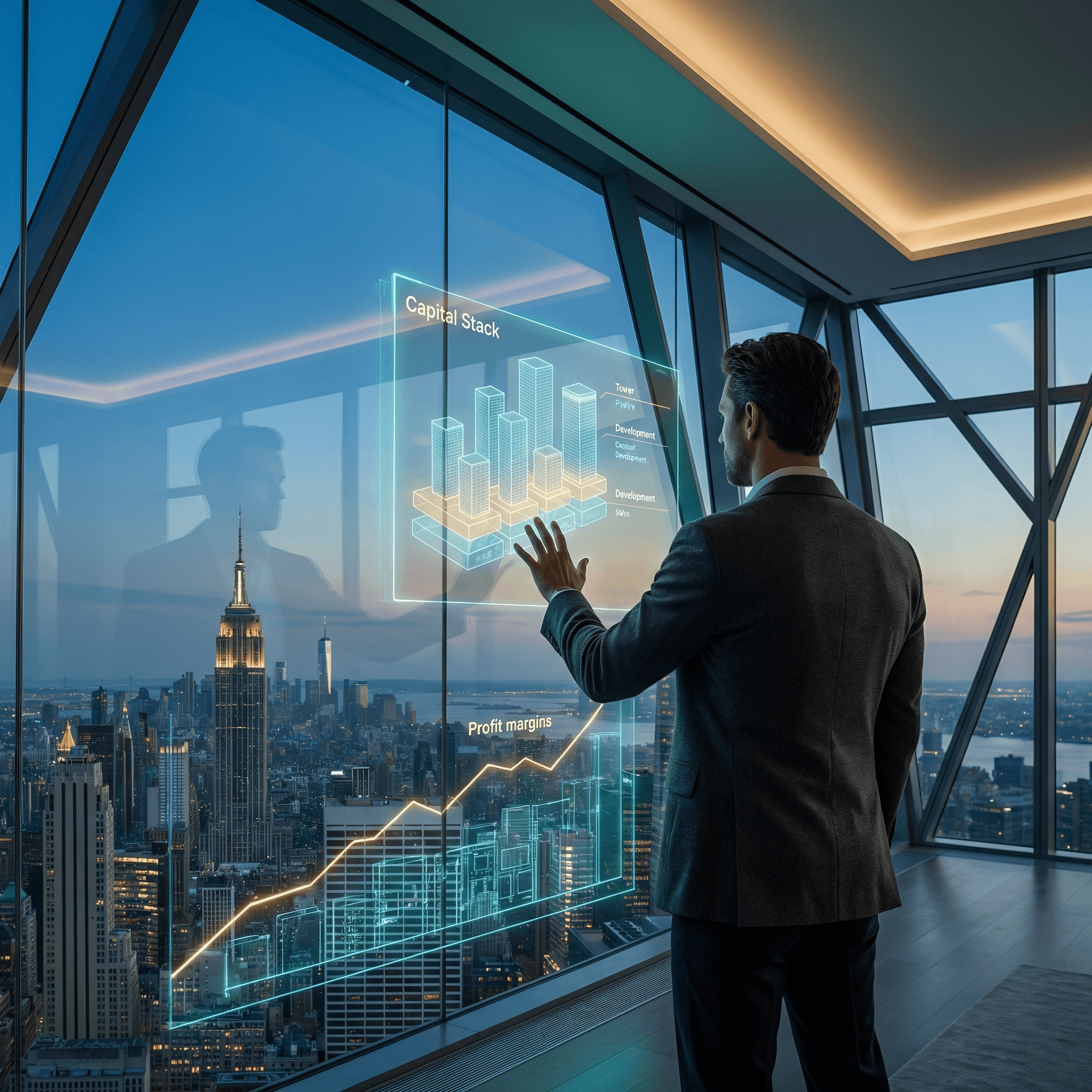 A tailored figure viewed from behind stands by a Manhattan glass wall, blending a 3D holographic capital stack with the real NYC skyline and a gold profit-margin graph, visualizing Zen Money’s strategic foresight in real estate development.
