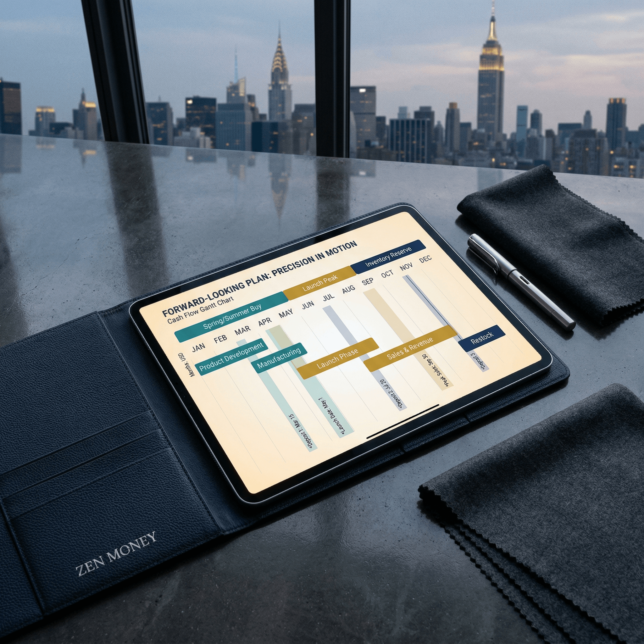 An open leather folio containing a tablet with a glowing cash flow Gantt chart, visualizing forward financial planning for a fashion brand.