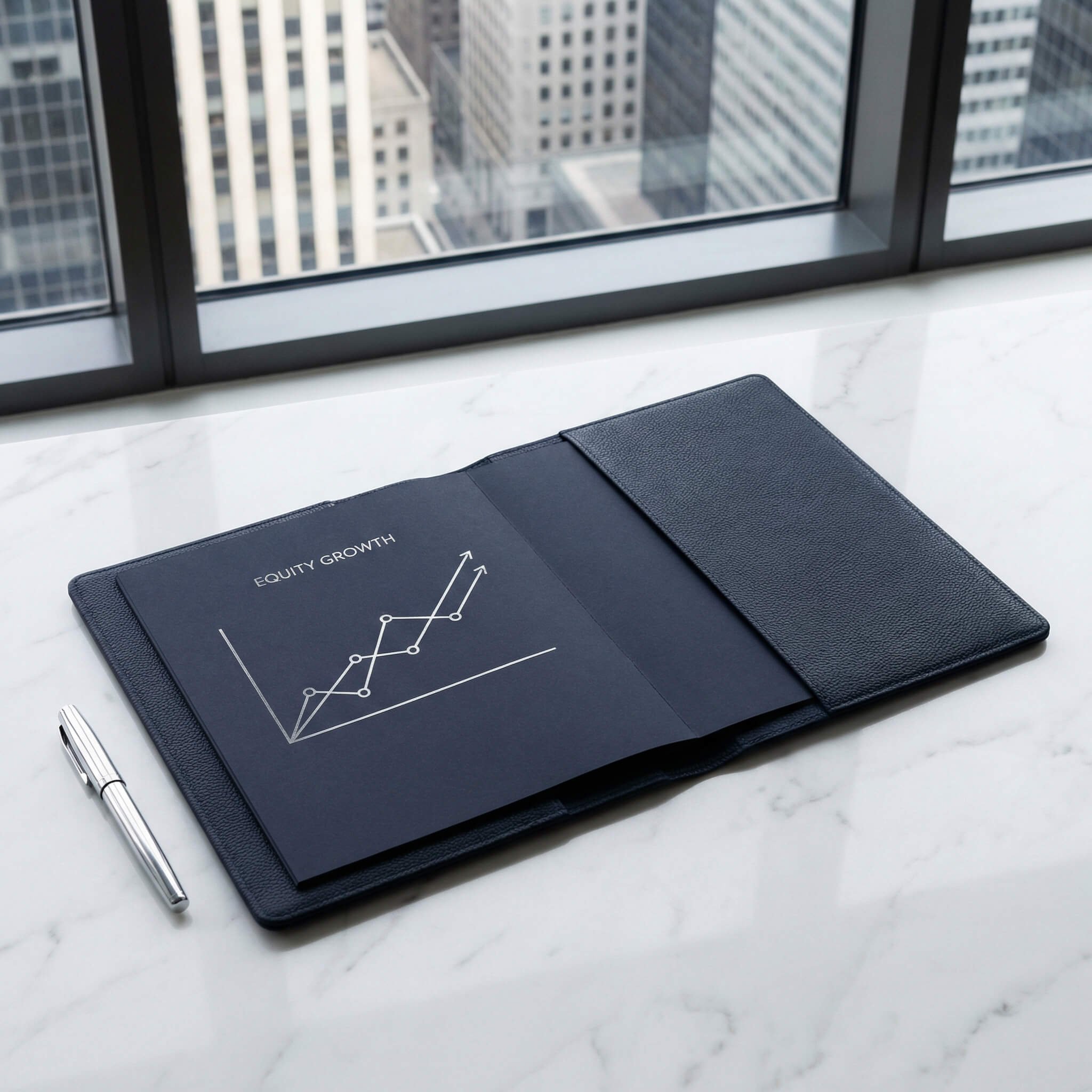 A close-up, minimalist flat-lay of a navy strategy binder on white marble featuring a financial growth chart and a silver pen, representing fractional CFO and strategic financial leadership services in NYC.