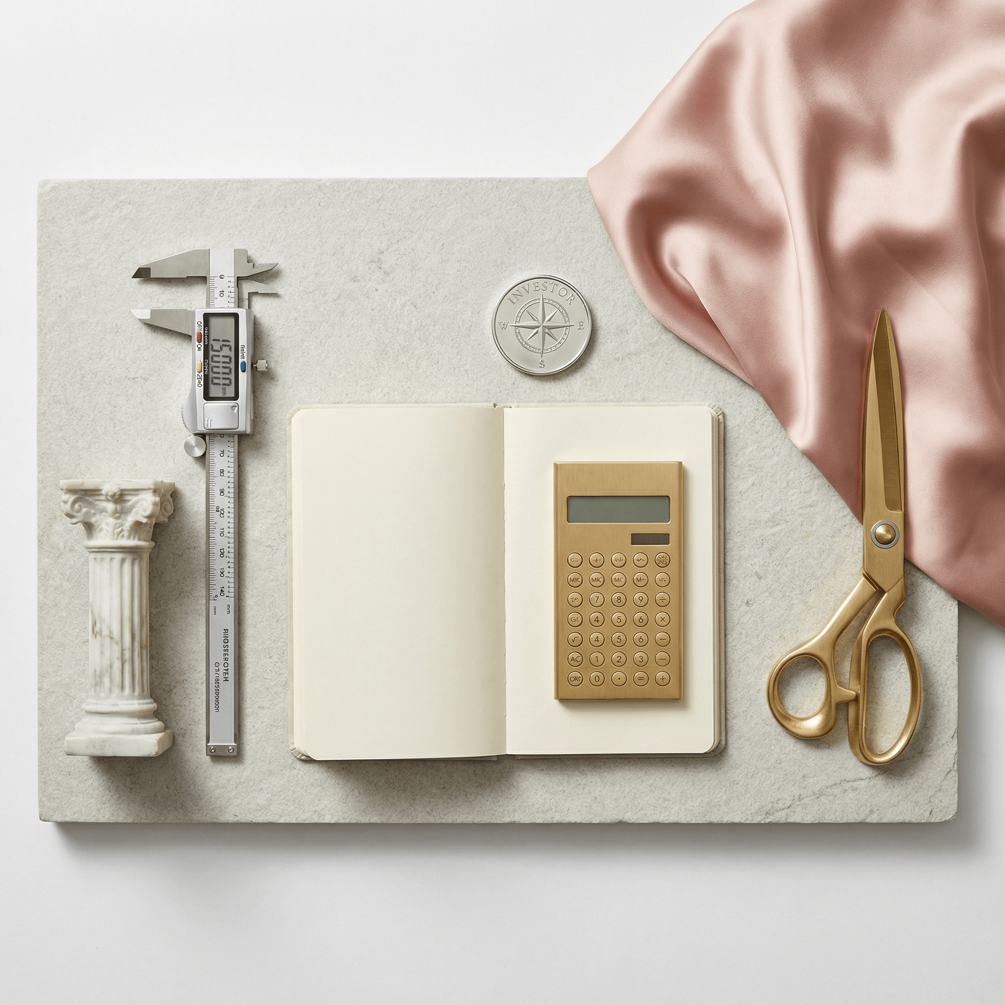 Flat lay of a beige notebook with a gold calculator inside, placed on a light gray surface. Surrounding items include a miniature white classical column, a digital caliper, a coin with an investor compass design, a folded pink satin fabric, and a pair of gold scissors.