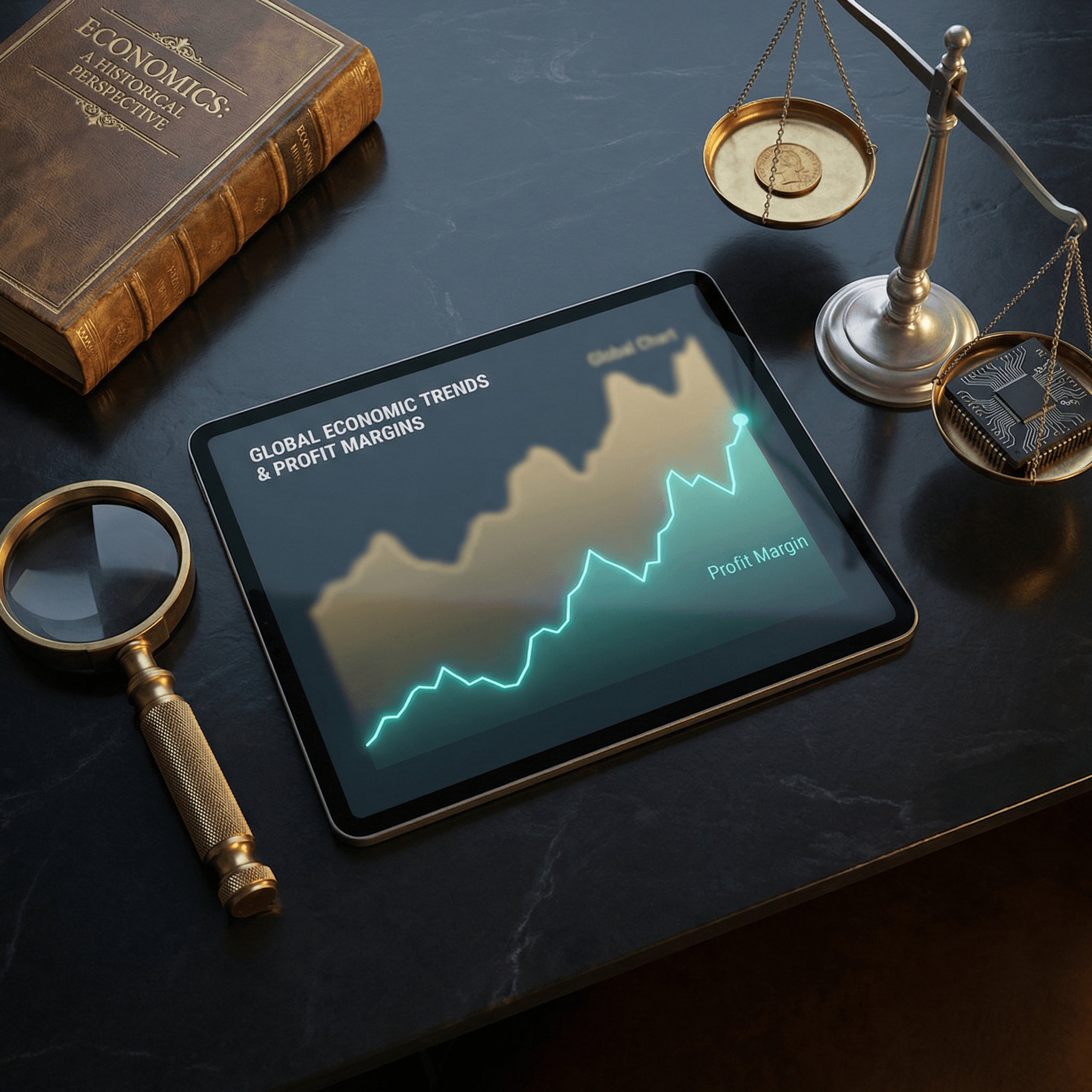 A dual-layer financial chart on a tablet next to a brass magnifying glass and economic literature, symbolizing Zen Money’s integration of market forecasting and operational management.