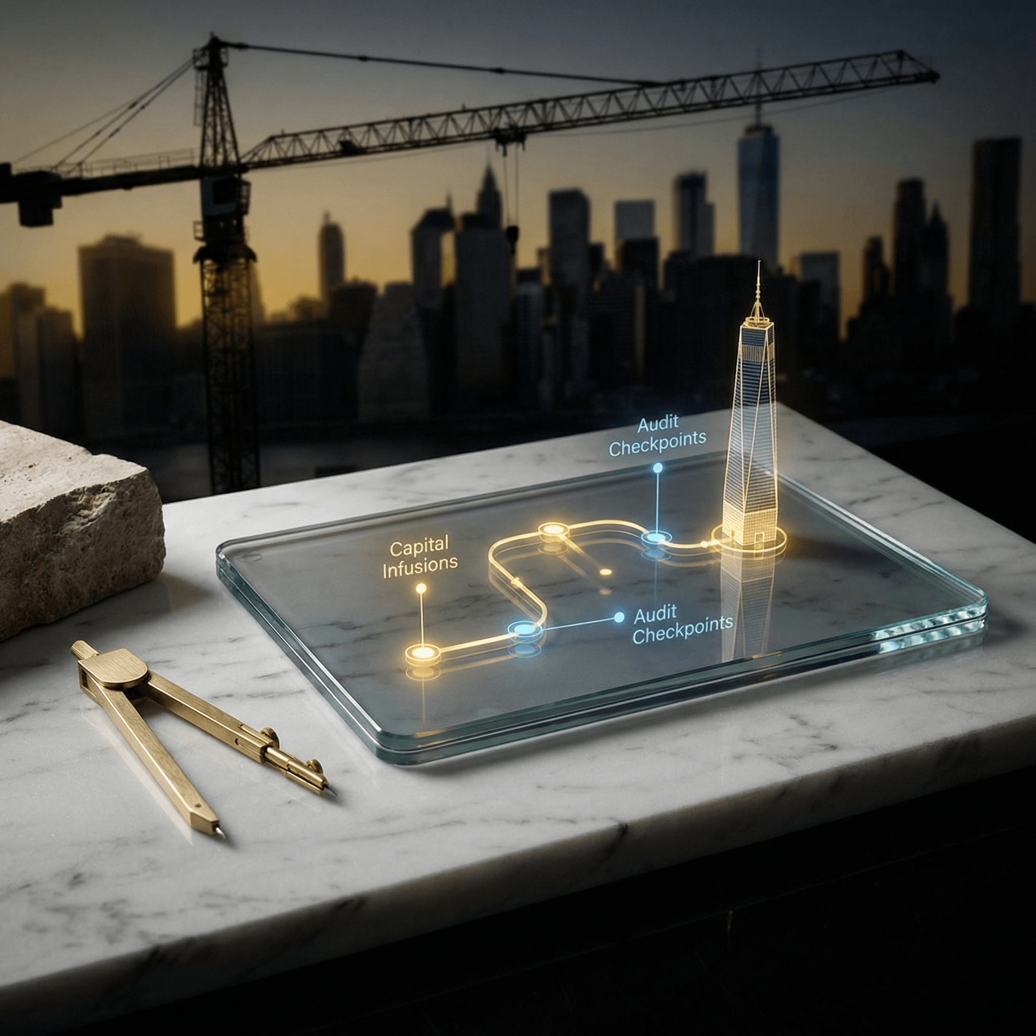 A holographic 3D development roadmap floating above a transparent tablet on a marble desk, representing Zen Money’s forward-looking financial strategy for real estate enterprises.