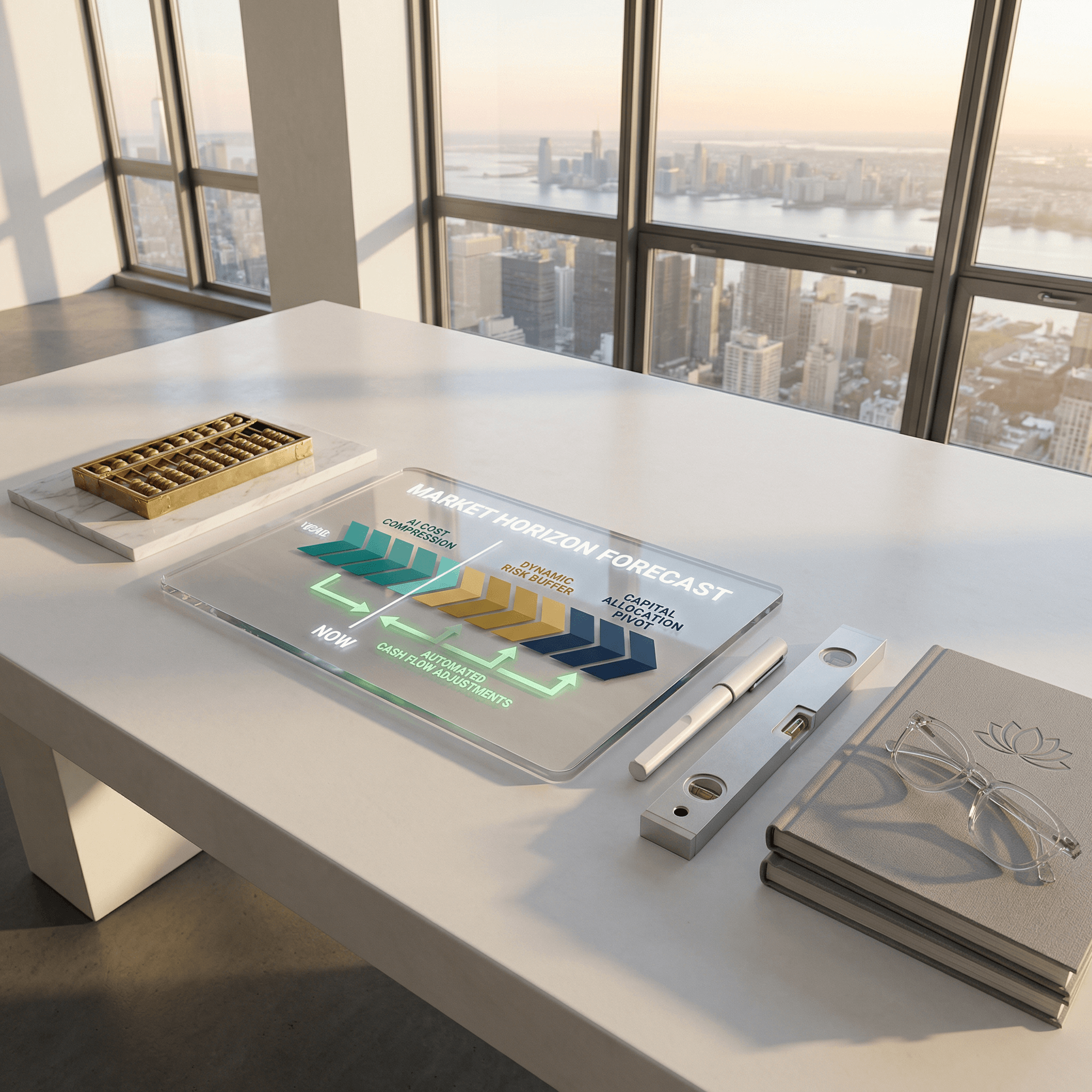 An expansive, sunlit NYC architectural studio showing a dynamic market horizon forecast on a transparent tablet next to strategy binders and an abacus, visualizing Zen Money's approach to predictive intelligence and operational efficiency.