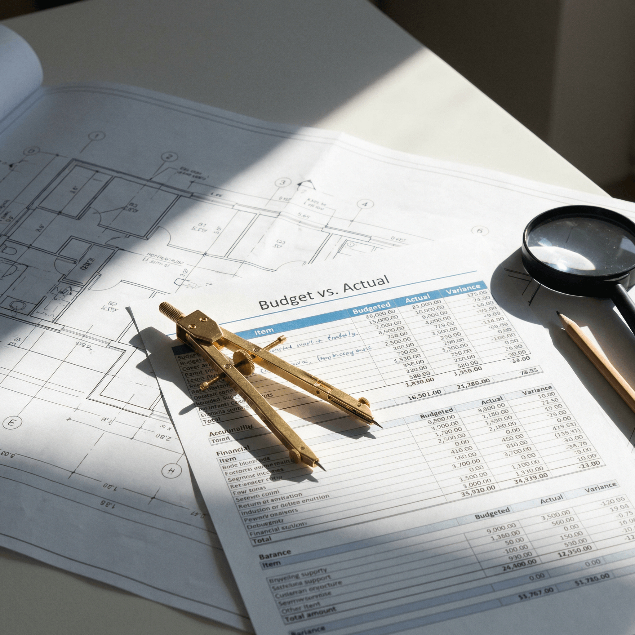 Architectural blueprint with a compass, magnifying glass, pencil, and a budget vs. actual cost sheet on a desk.
