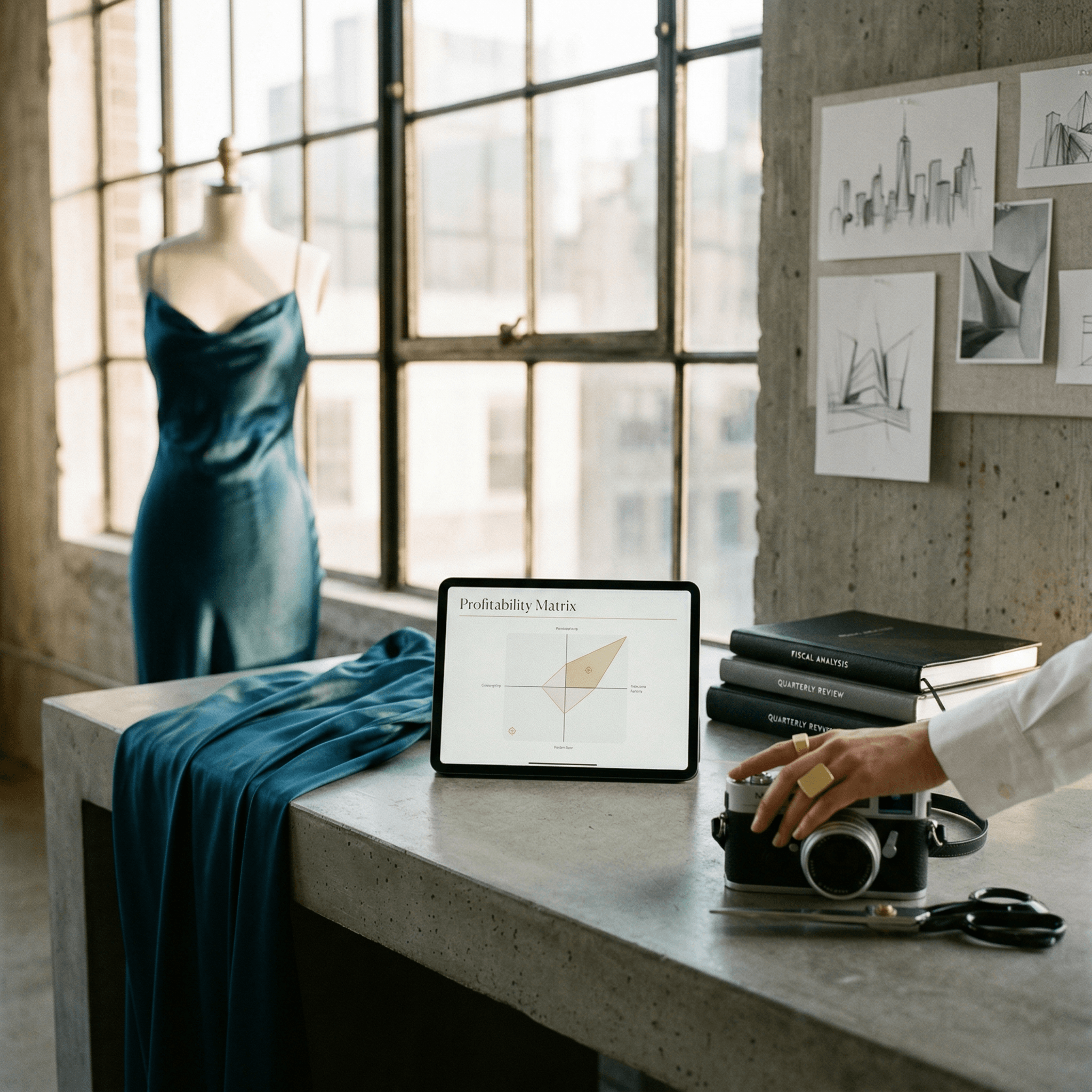 Candid photo in an NYC loft studio showing a profit matrix on an iPad next to draped silk fabric and a designer camera, representing Zen Money's unique CFO approach for fashion brands.