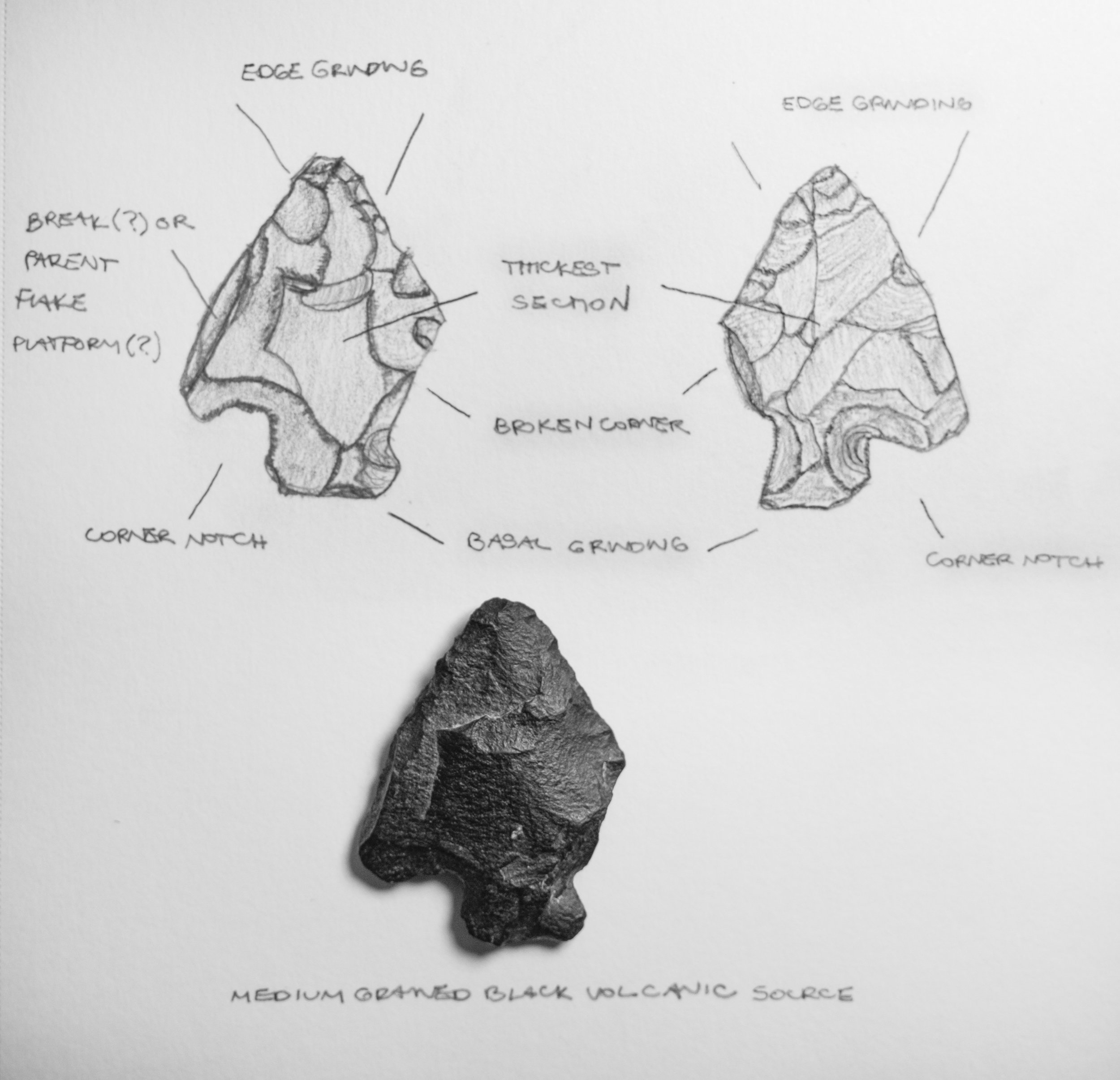 Sketch of a medium-grained black volcanic projectile point. The drawing includes labels such as 'corner notch,' 'broken corner,' and notes about the rock's texture and origin.