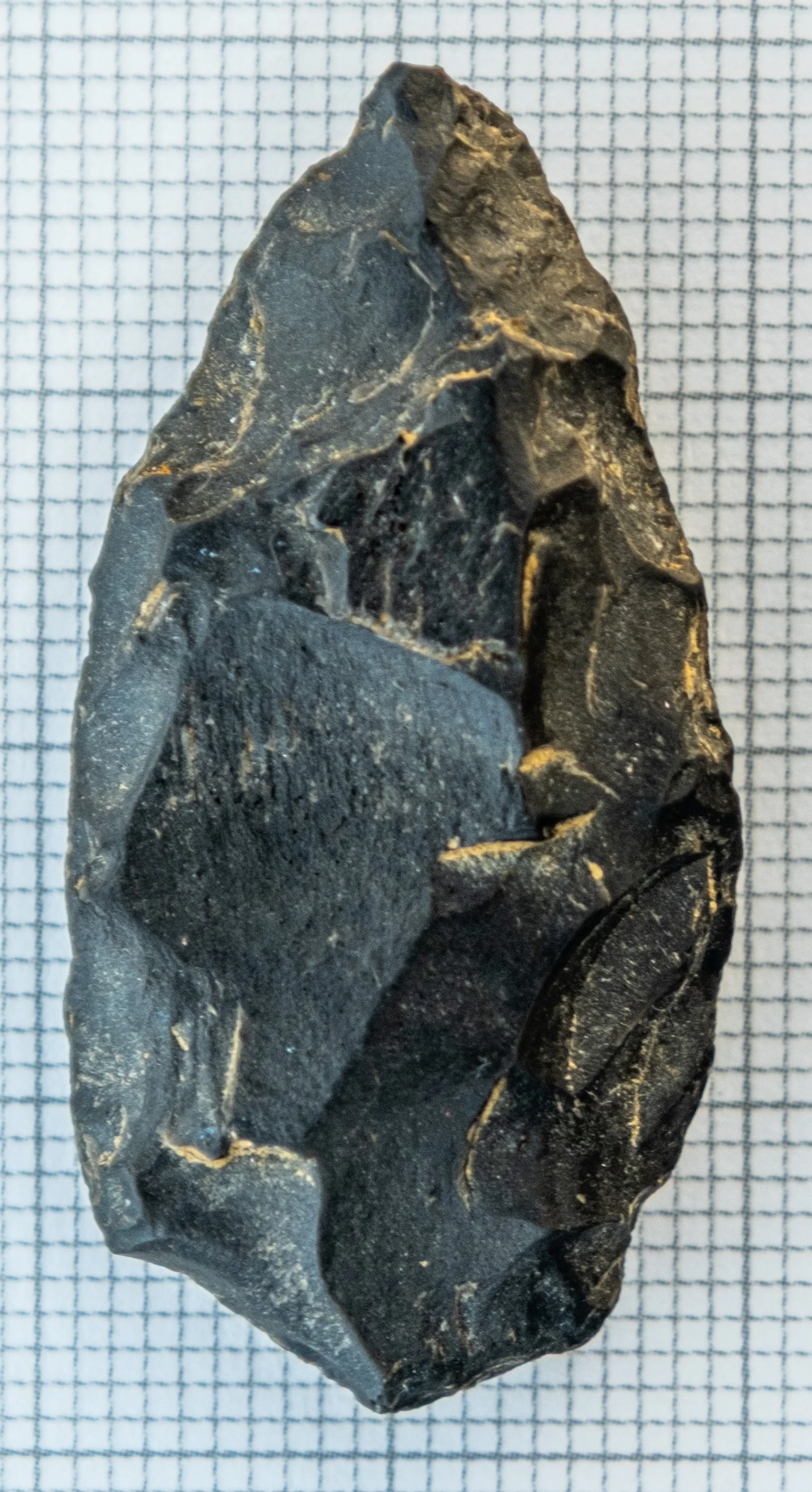A dark, rough-edged stone tool on a graph paper background. This is an ancestral Coast Salish belonging.