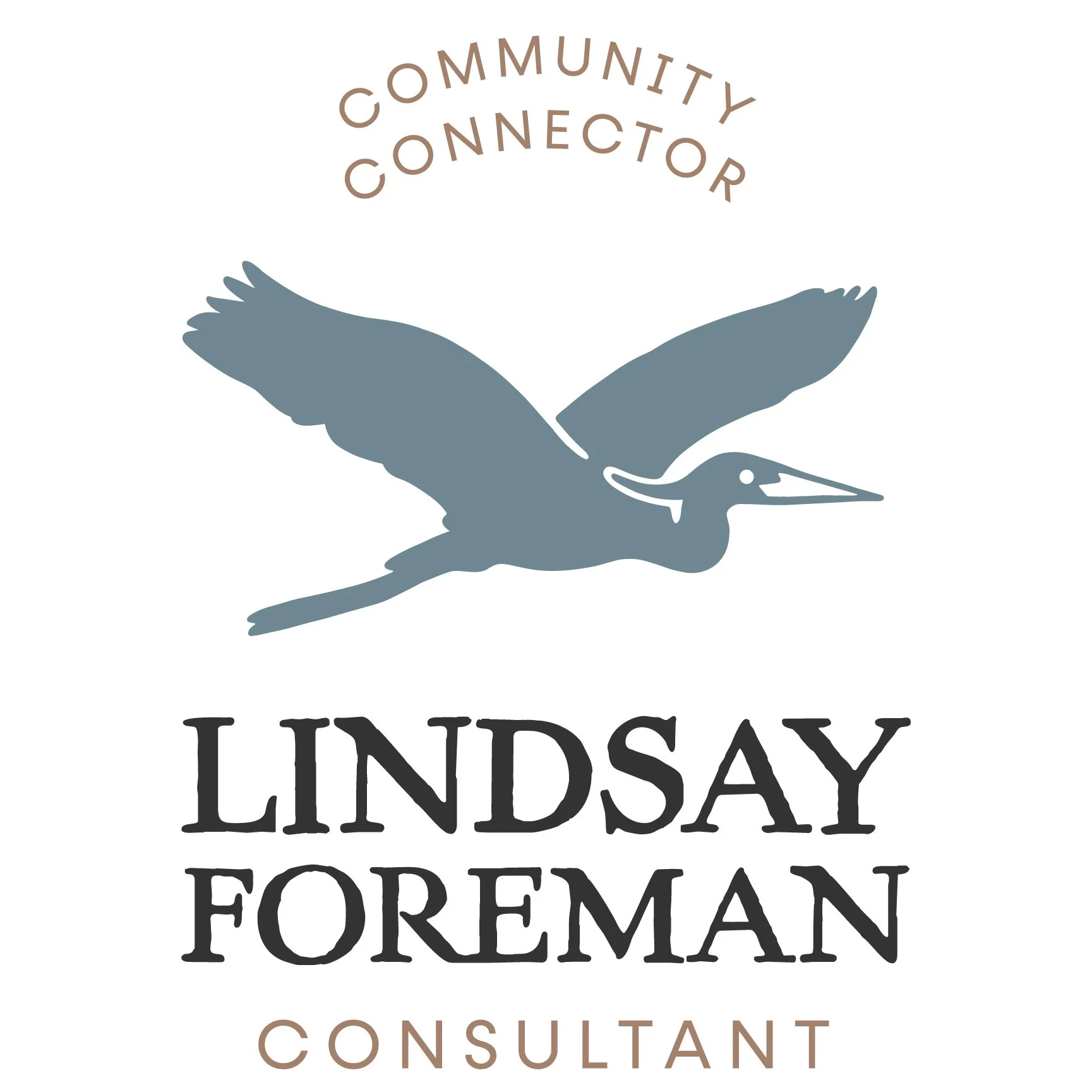 Logo with a flying blue heron illustration and text that reads 'Community Connector' at the top, 'Lindsay Foreman' in bold with 'Consultant' underneath at the bottom.