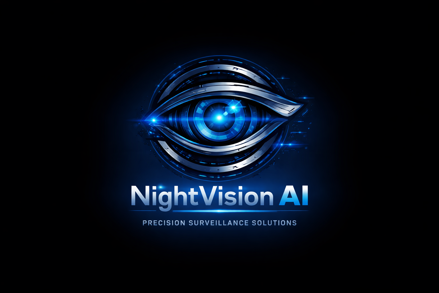 Futuristic eye with digital and blue glowing effects, representing NightVision AI, a technology for precision surveillance solutions.