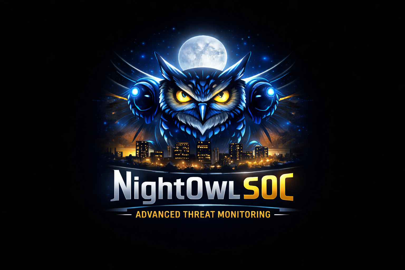 A digital illustration featuring a fierce owl with glowing yellow eyes, wearing headphones, with a full moon behind it. The background showcases a city skyline at night with glowing lights. The text reads 'NightOwl SOC' and 'Advanced Threat Monitoring'.