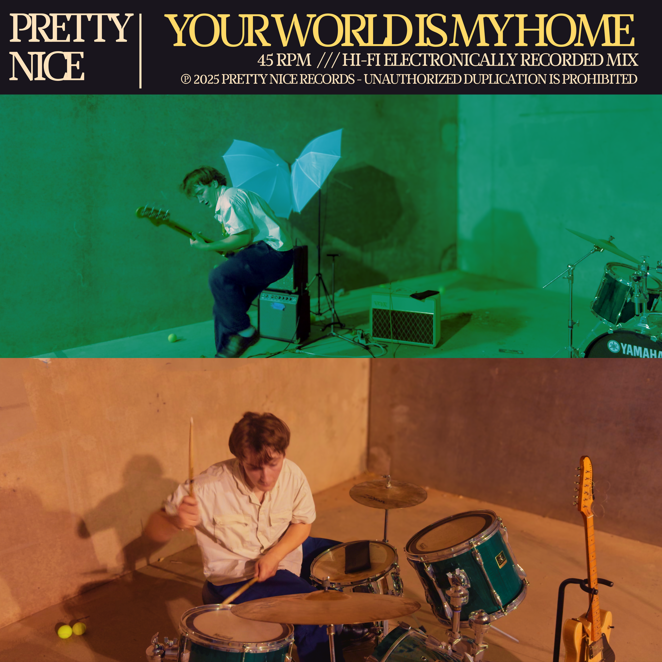 Two young men playing musical instruments in separate room settings: one in a green-lit room playing an electric guitar with a drum set in the background, and the other in a yellow-lit room playing drums with a guitar placed on a stand beside him.