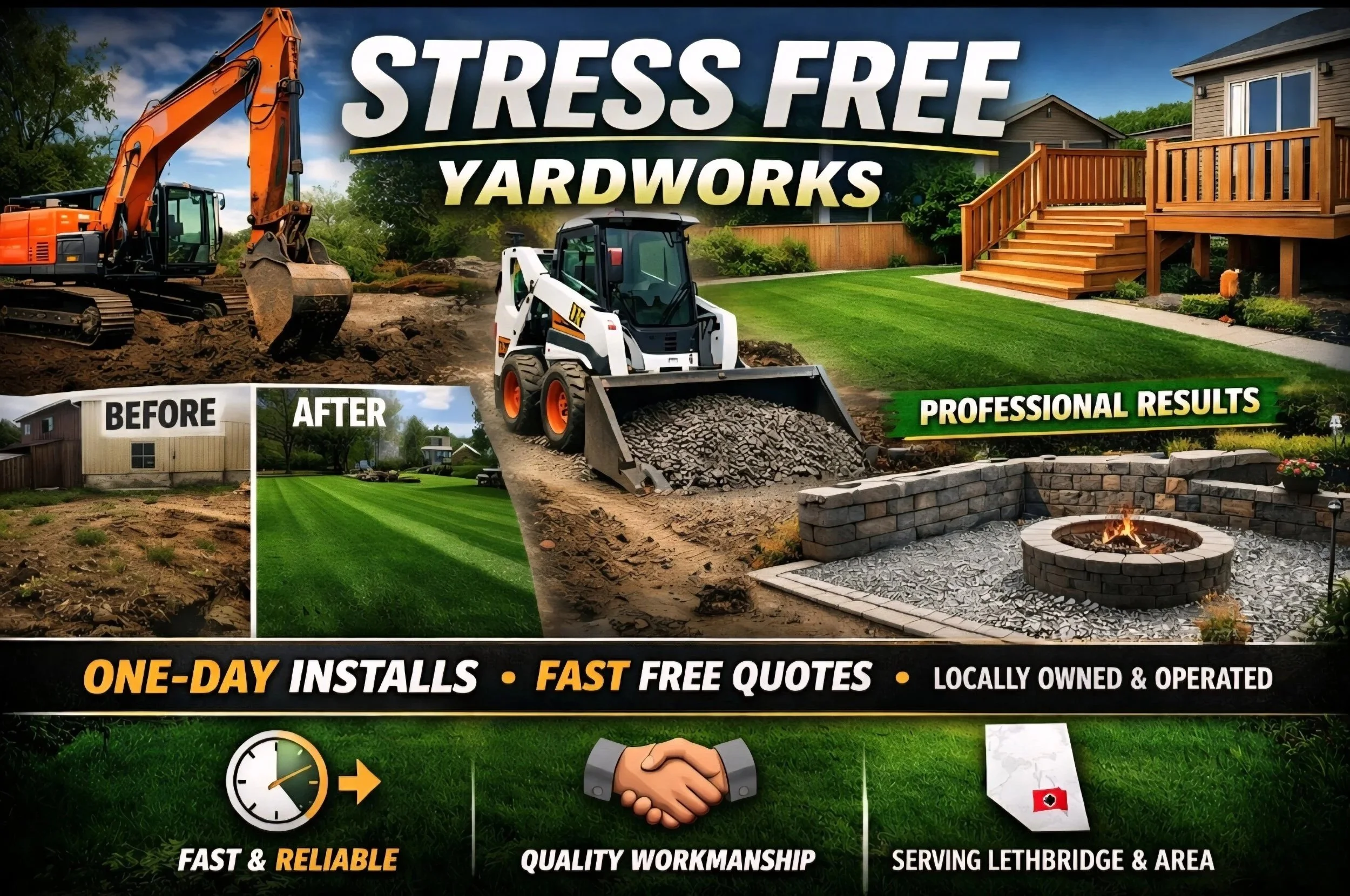 A yard transformation advertisement showing a before and after comparison of a yard, highlighting professional yardworks services. It features construction equipment, a clean, landscaped yard with a firepit, and text emphasizing quick, reliable, free quotes, and local operation.