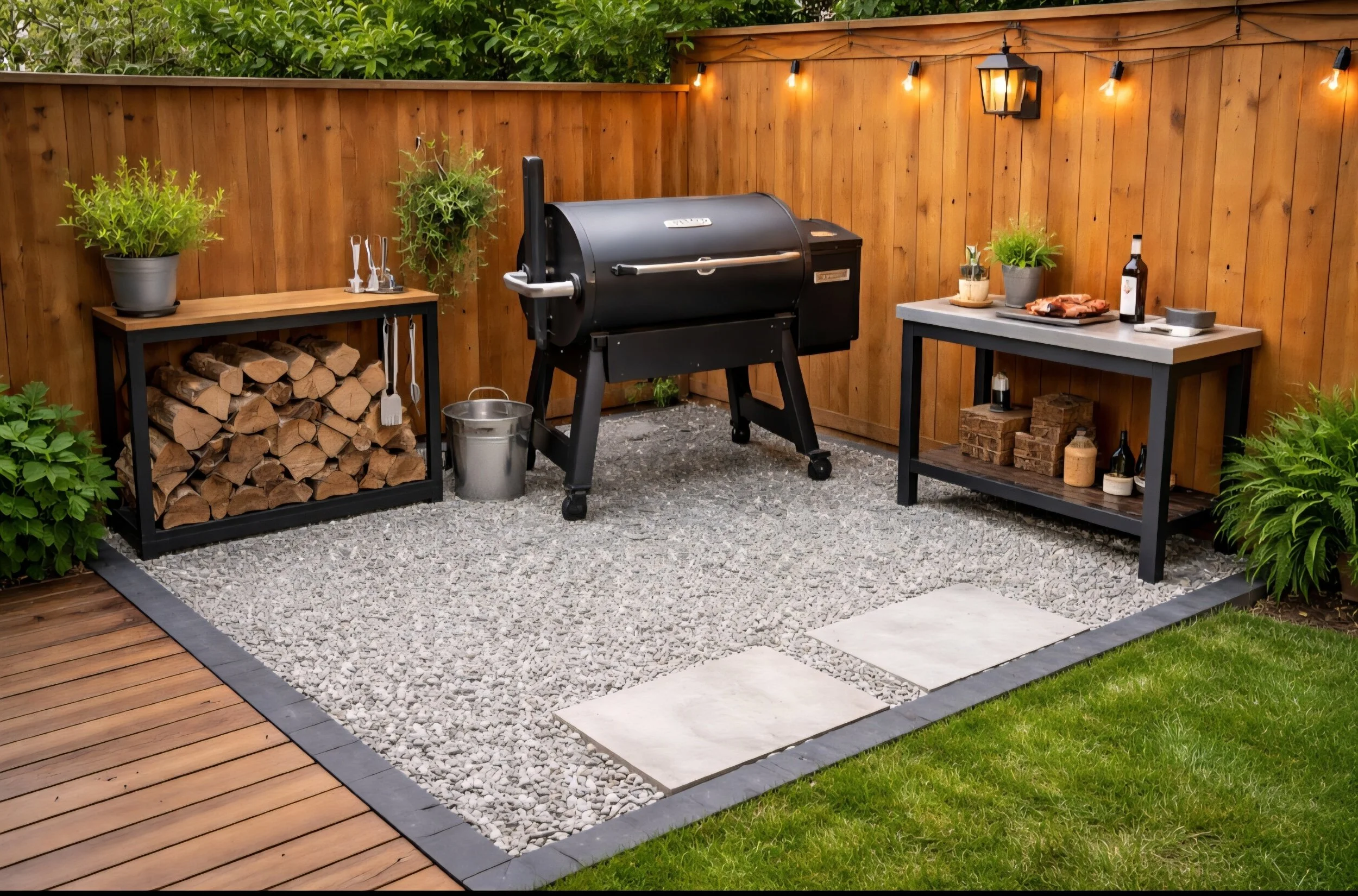 A backyard outdoor kitchen with a black outdoor grill, wooden fencing, a firewood storage, potted plants, and a decorated countertop, on a gravel patio surrounded by a grassy yard.