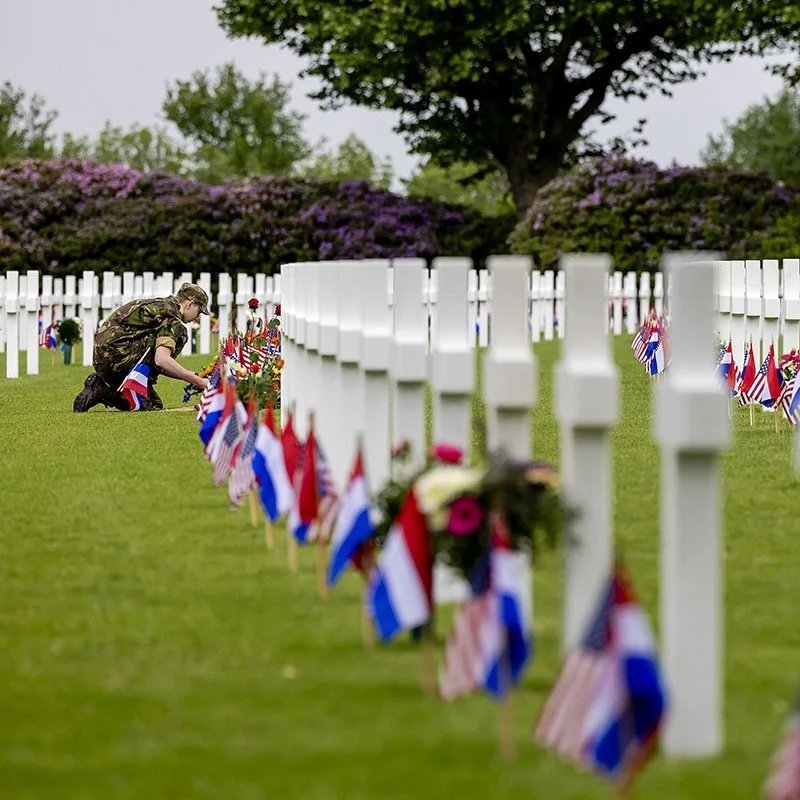 A person in military uniform placing a wreath among rows of white crosses at a cemetery, with small flags and flowers on the graves, and trees and bushes in the background.