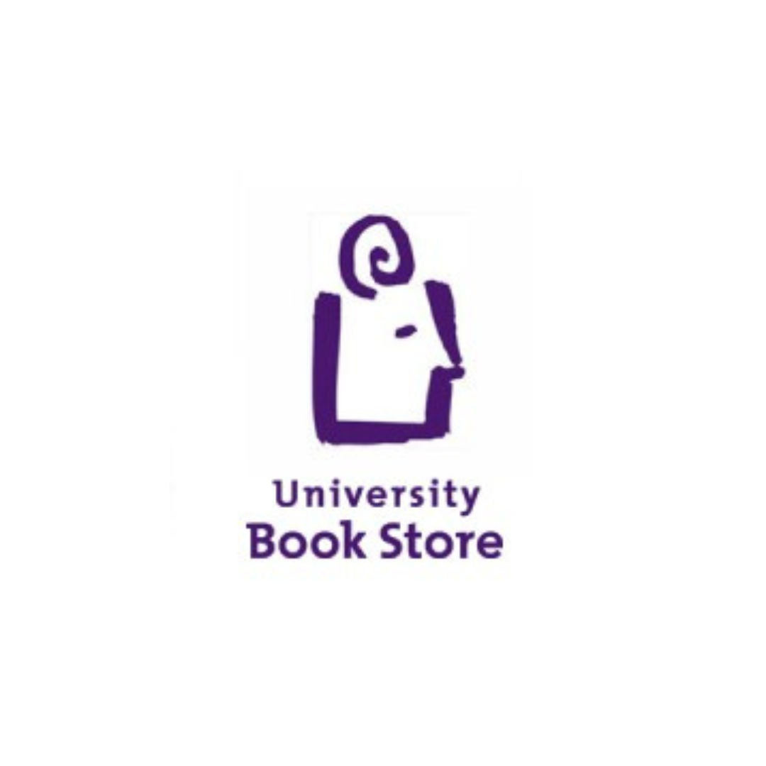 Purple and white university bookstore logo with stylized face and text 'University Book Store'.