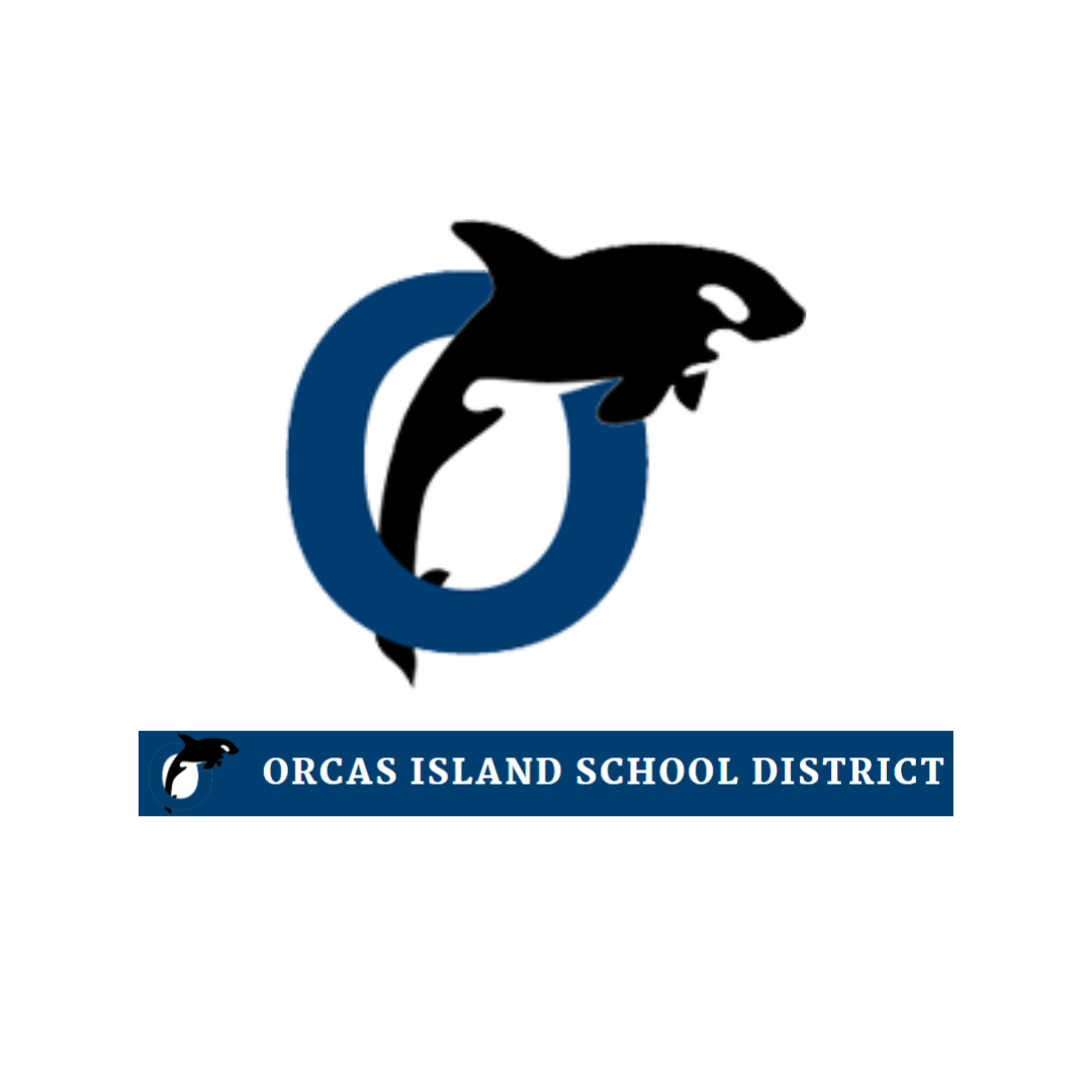 Logo for Orcas Island School District featuring a stylized orca whale jumping through a blue circular shape, with the district name written below in white text on a navy background.