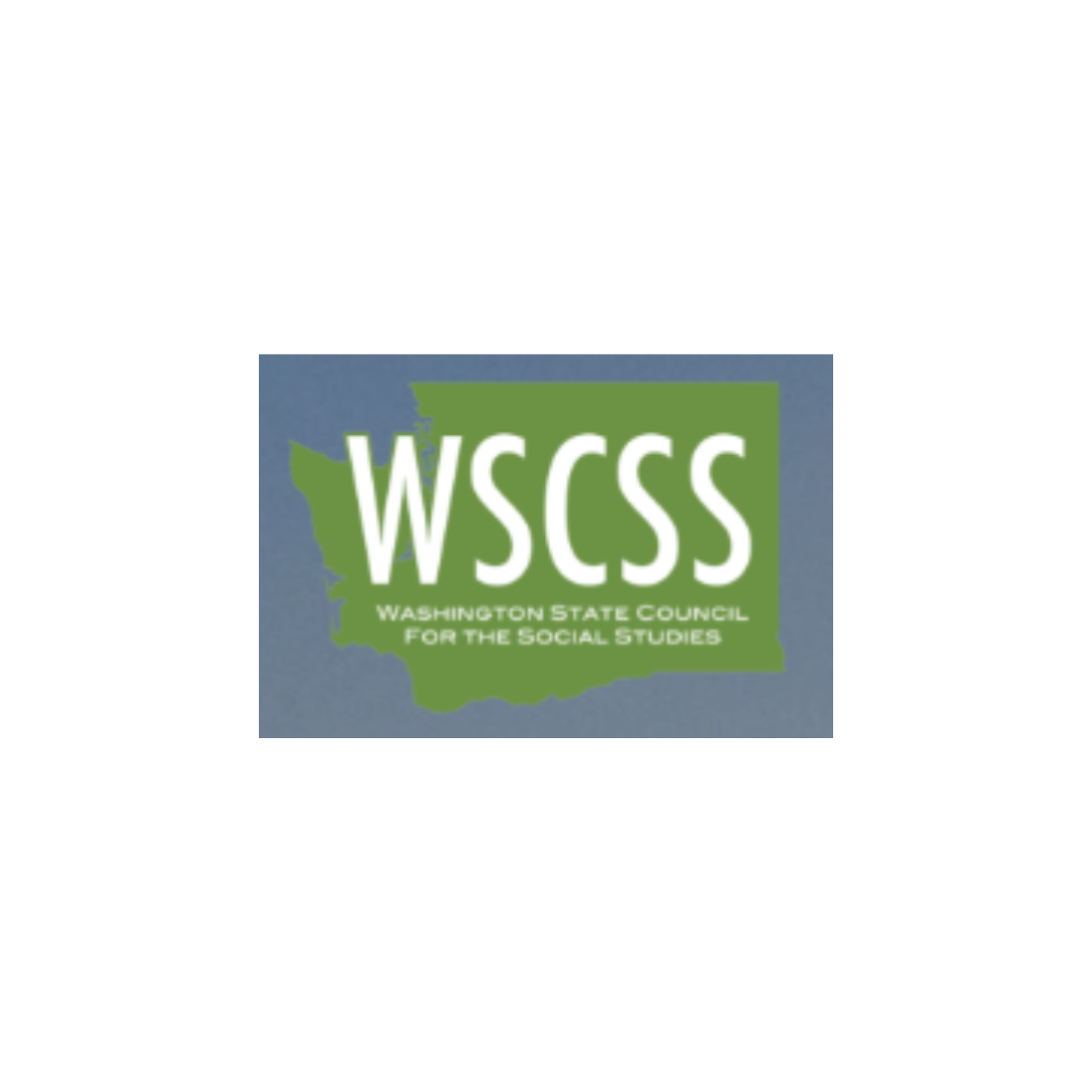 Logo for Washington State Council for the Social Studies with the abbreviation WSCSS over a green silhouette of Washington State on a blue background.