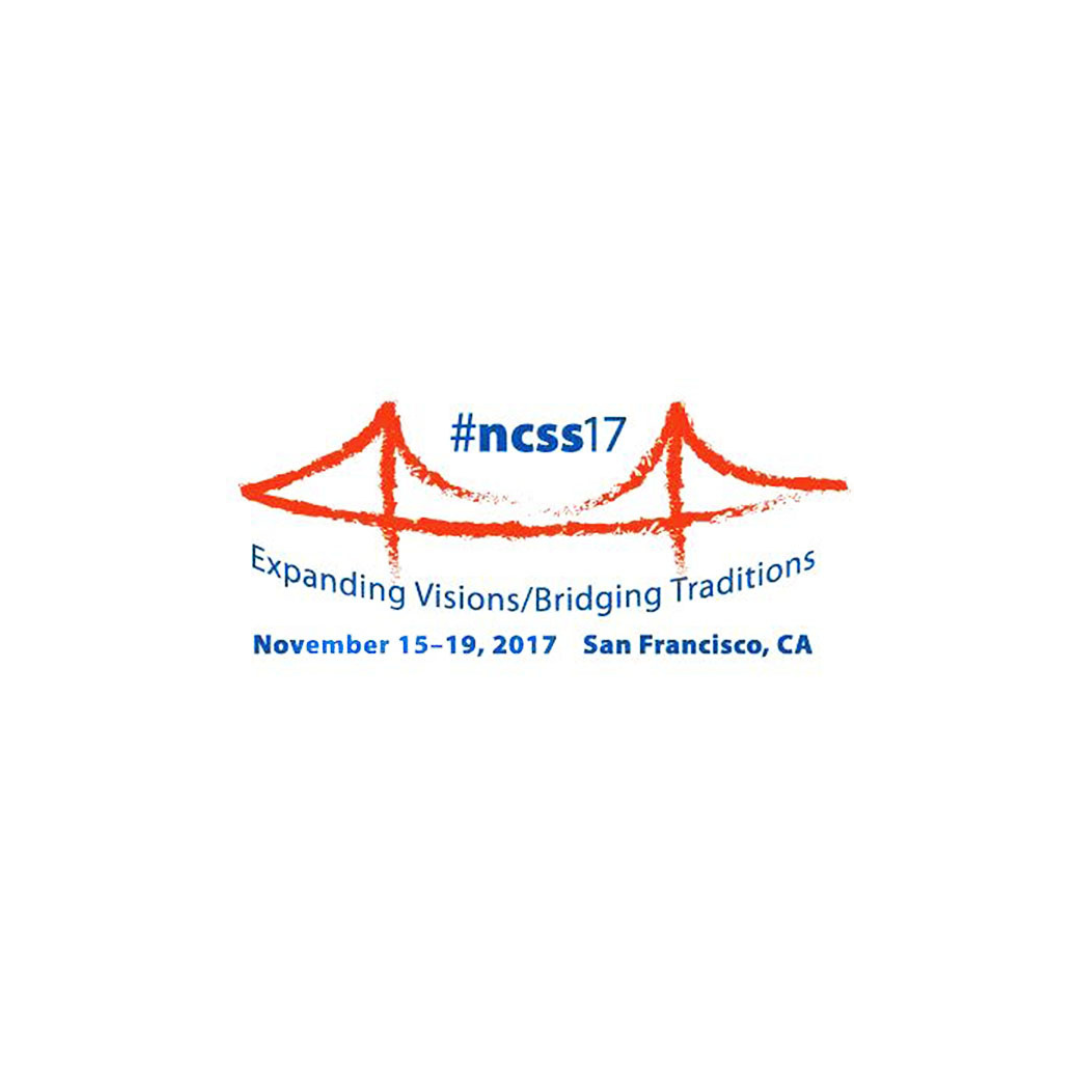 Logo for conference #ncss17 with a stylized red bridge, event information in blue text, including dates November 15-19, 2017, and location San Francisco, CA, with the theme 'Expanding Visions/Bridging Traditions'.