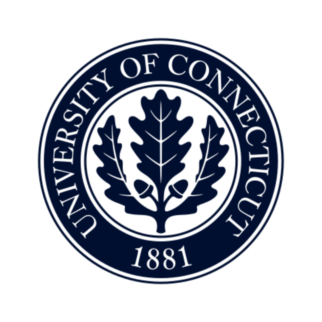 The seal of the University of Connecticut featuring a dark blue oak leaf and the text 'University of Connecticut 1881' around the edge.