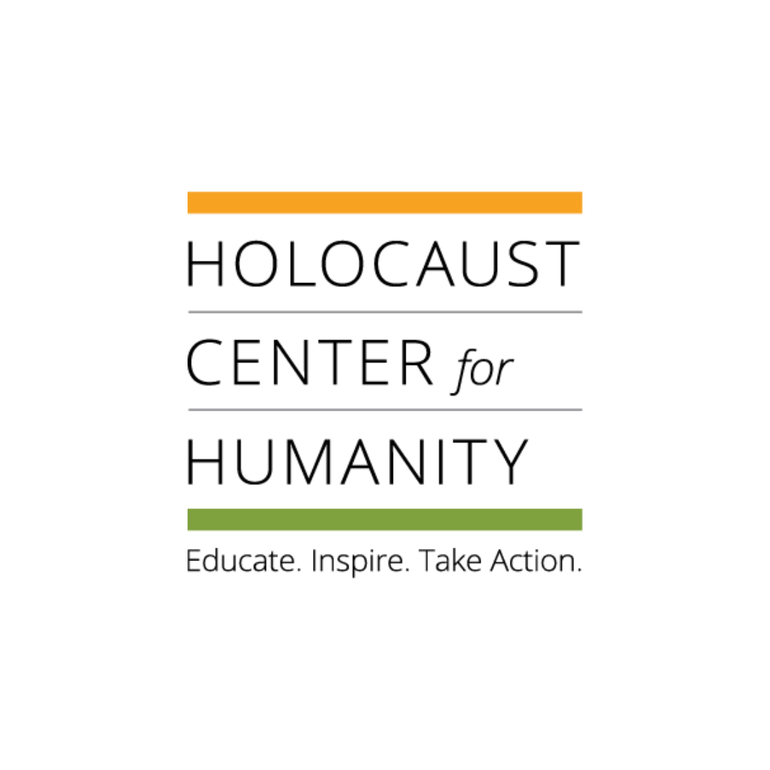 Logo of Holocaust Center for Humanity with black, orange, and green lines and text that reads 'Holocaust Center for Humanity. Educate. Inspire. Take Action.'