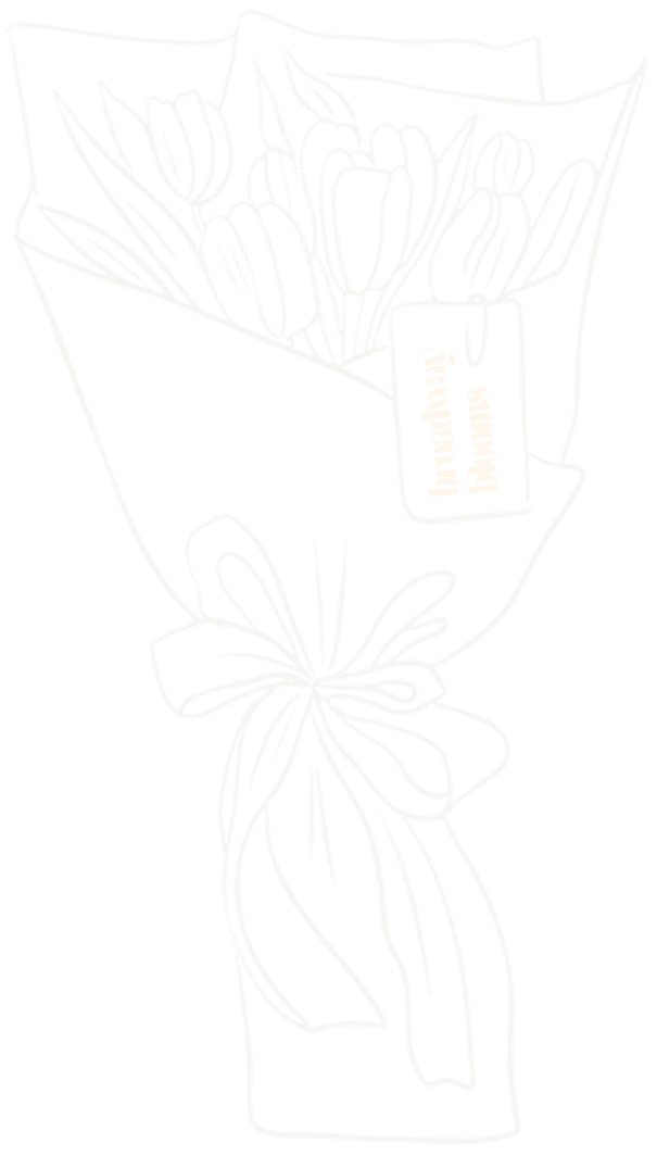 Outline drawing of a bouquet of flowers with a ribbon at the bottom, wrapped in paper, and a tag that reads 'Happy Birthday'.