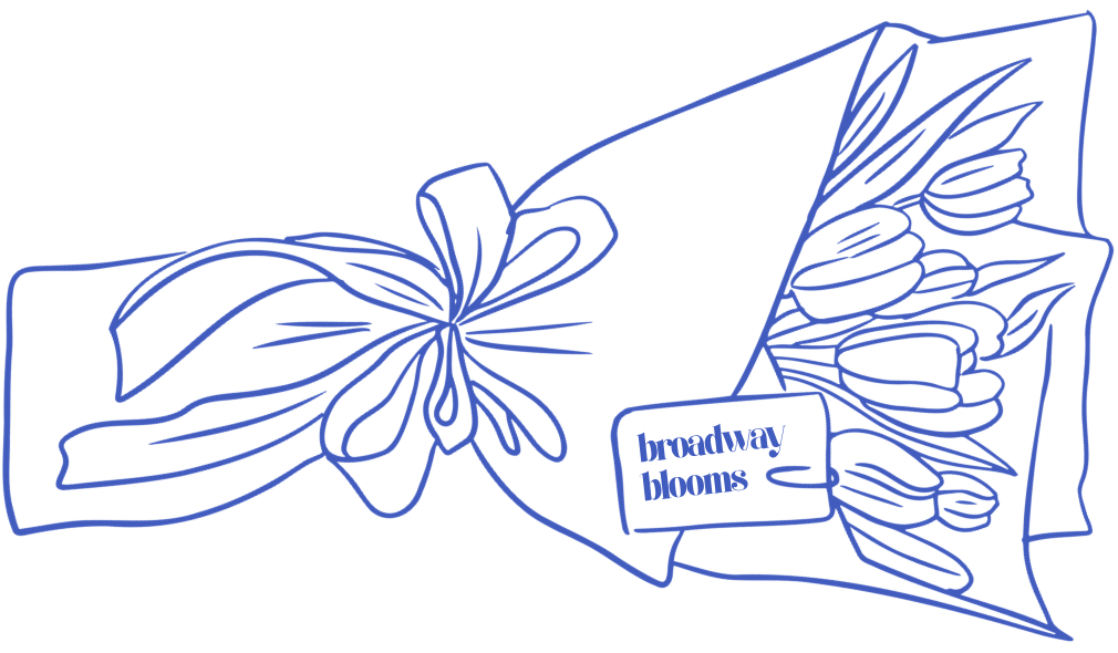 A line drawing of a bouquet of tulips wrapped in paper with a bow, labeled 'Broadway Thoms'.